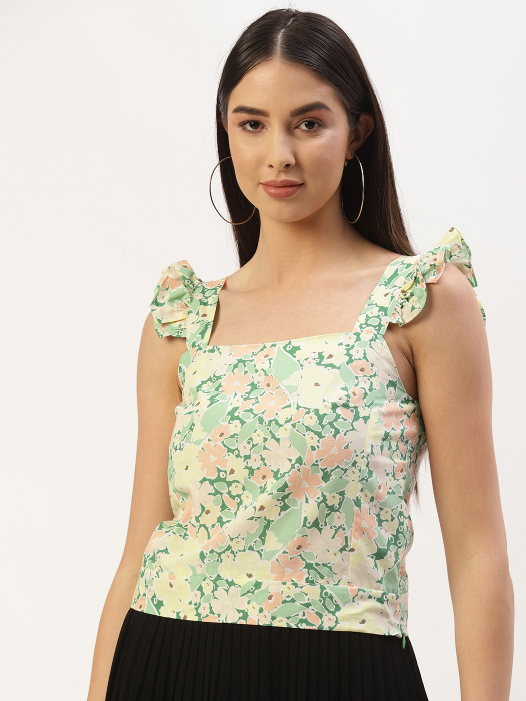 

LC Waikiki Yellow & Green Floral Print Cotton Print Ruffles Top