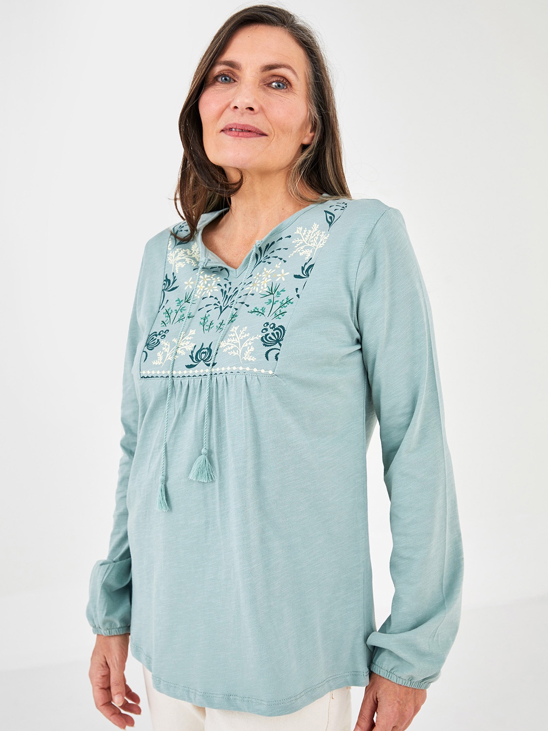 

LC Waikiki Women Blue Embroidered Detail Cotton Tie-Up Neck Top