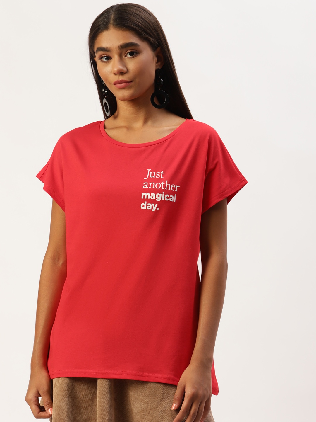 

LC Waikiki Women Red Typography Print Detail Drop-Shoulder Sleeves Pure Cotton T-shirt