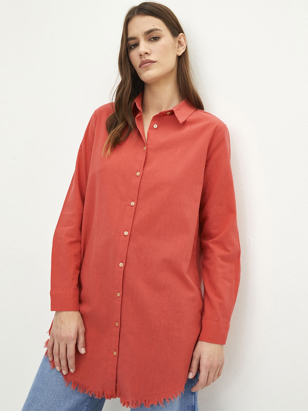 

LC Waikiki Women Red Pure Cotton Longline Casual Shirt