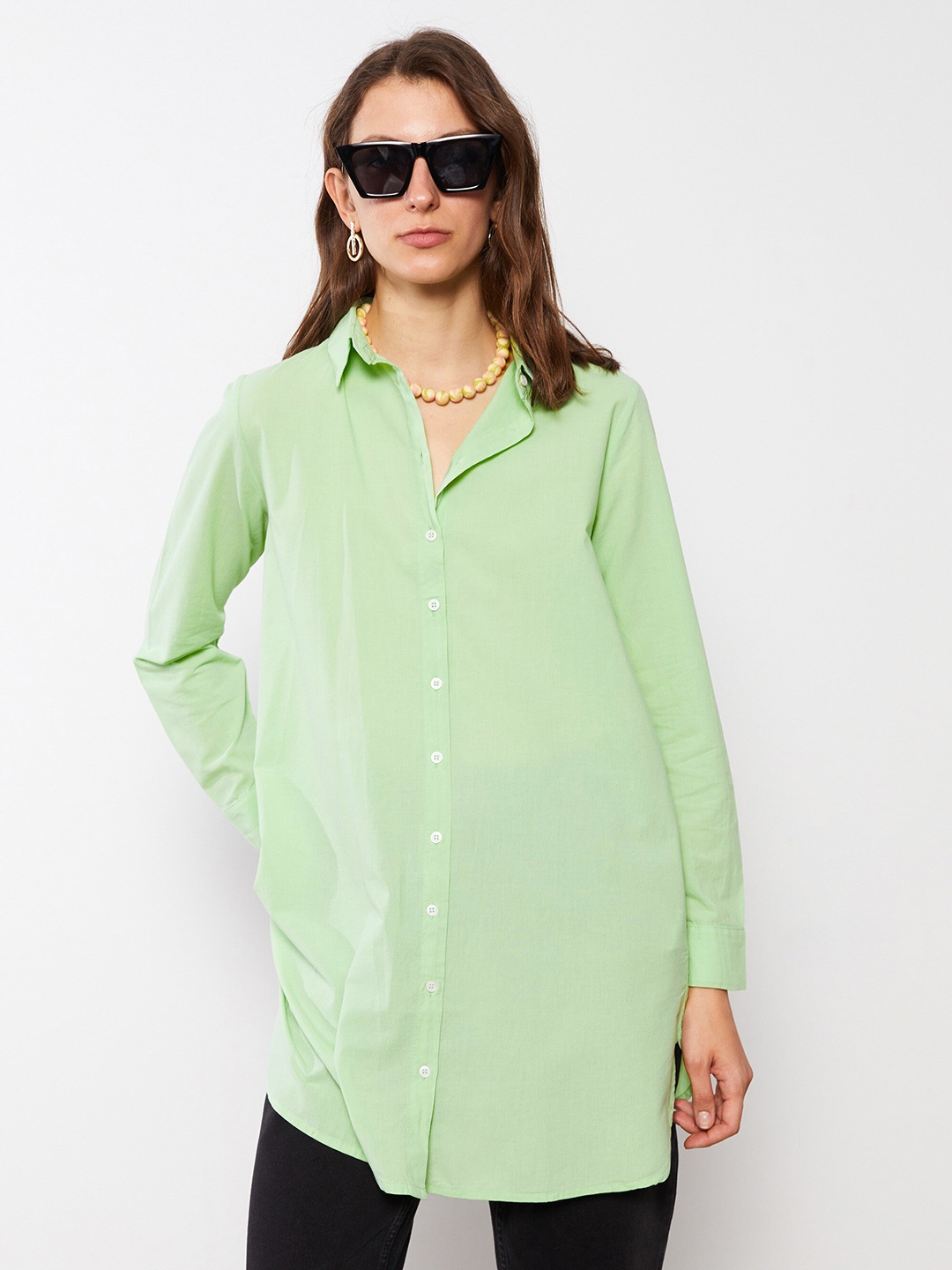 

LC Waikiki Women Green Solid Cotton Longline Casual Shirt