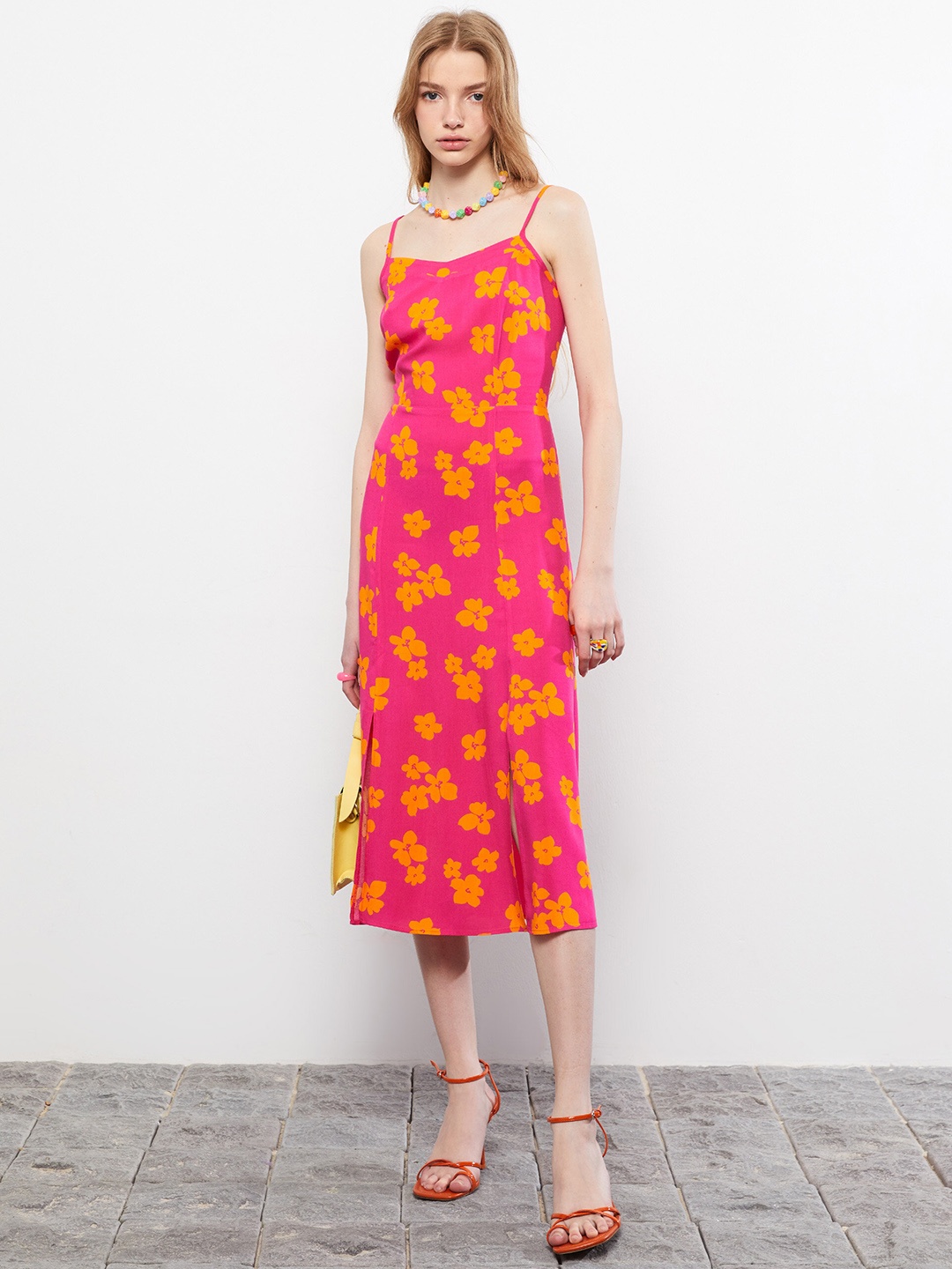 

LC Waikiki Pink & Yellow Floral Print A-Line Midi Dress