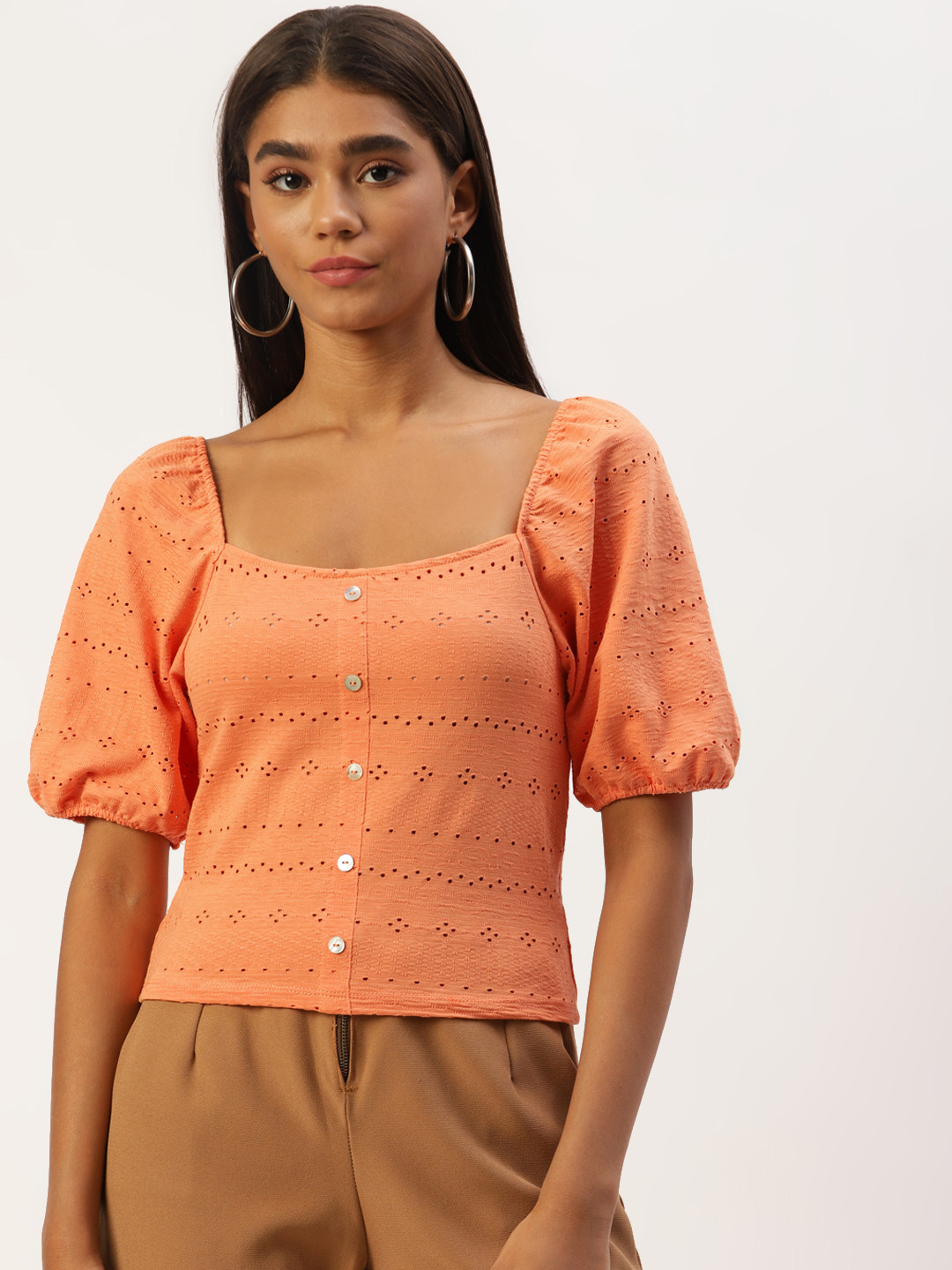 

LC Waikiki Orange Self Design Top