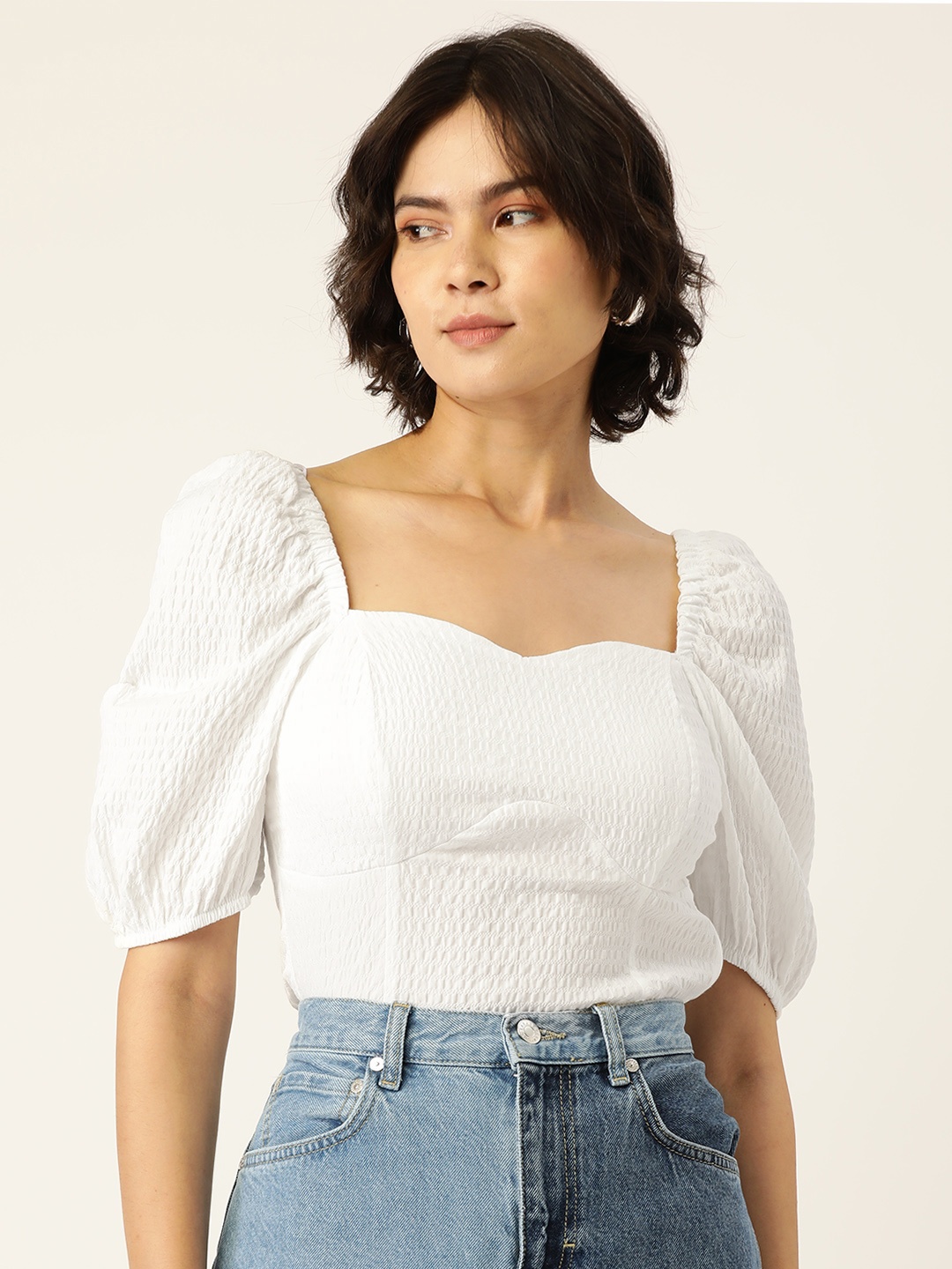 

LC Waikiki White Seersucker Sweetheart Neck Top