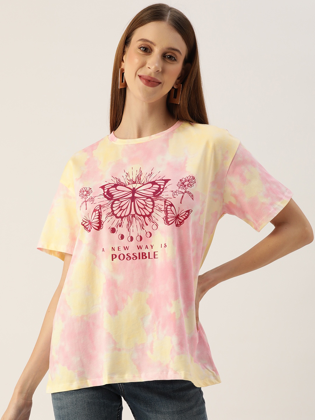 

LC Waikiki Women Yellow & Pink Printed Pure Cotton T-shirt