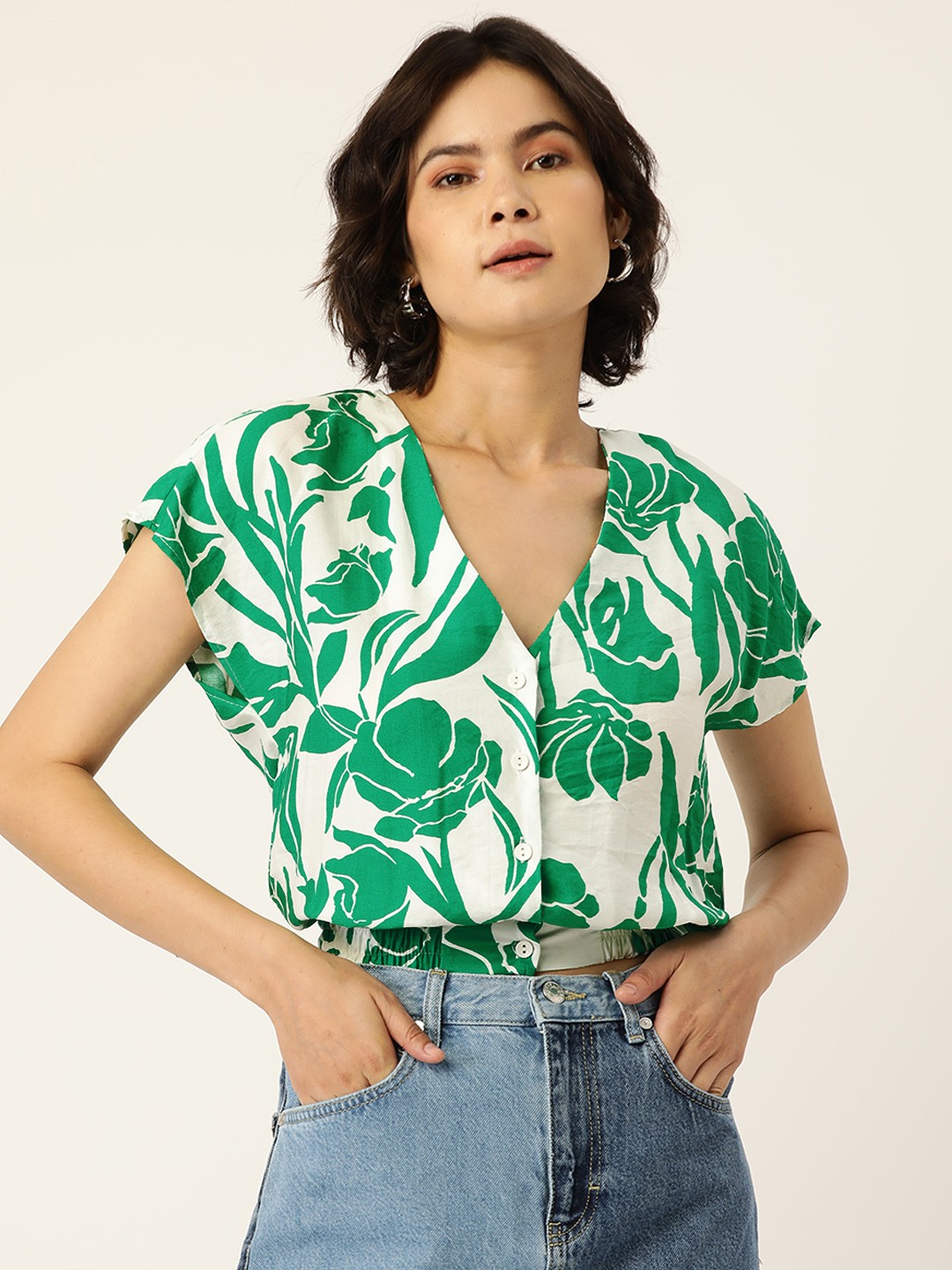 

LC Waikiki Green & White Tropical Print Blouson Top