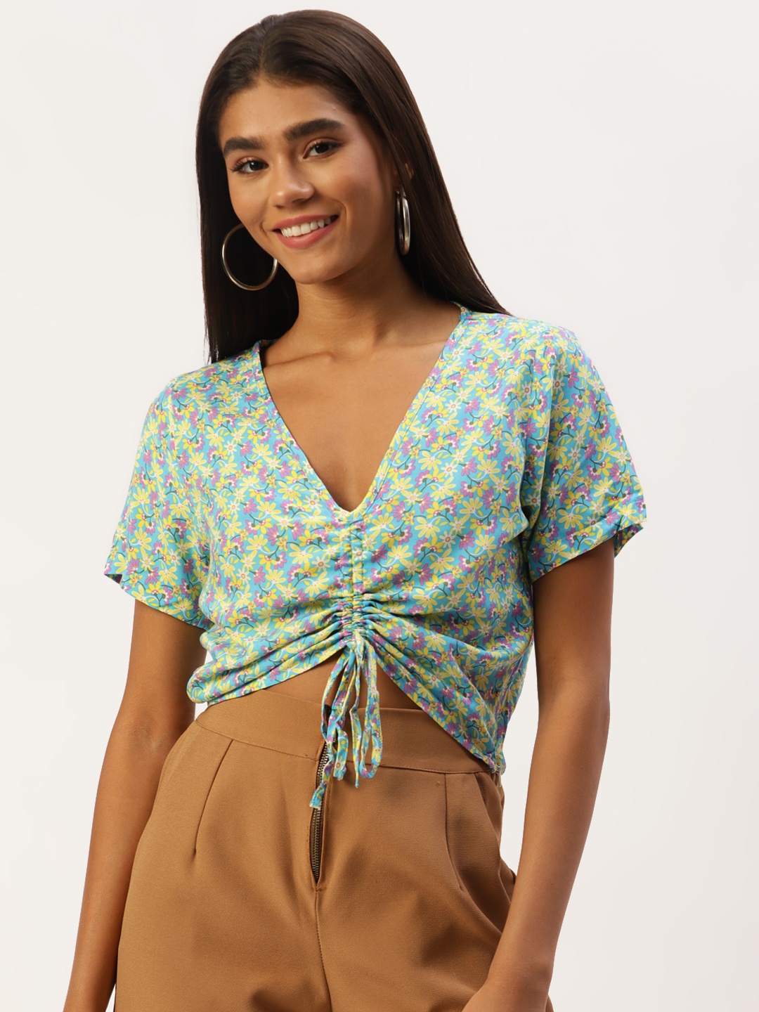 

LC Waikiki Blue & Yellow Floral Print Ruched Front Crop Top