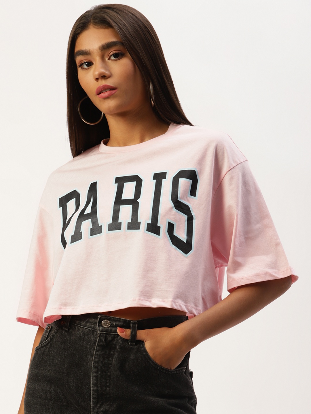 

LC Waikiki Women Pink & Black Printed Drop-Shoulder Sleeves Pure Cotton Boxy T-shirt