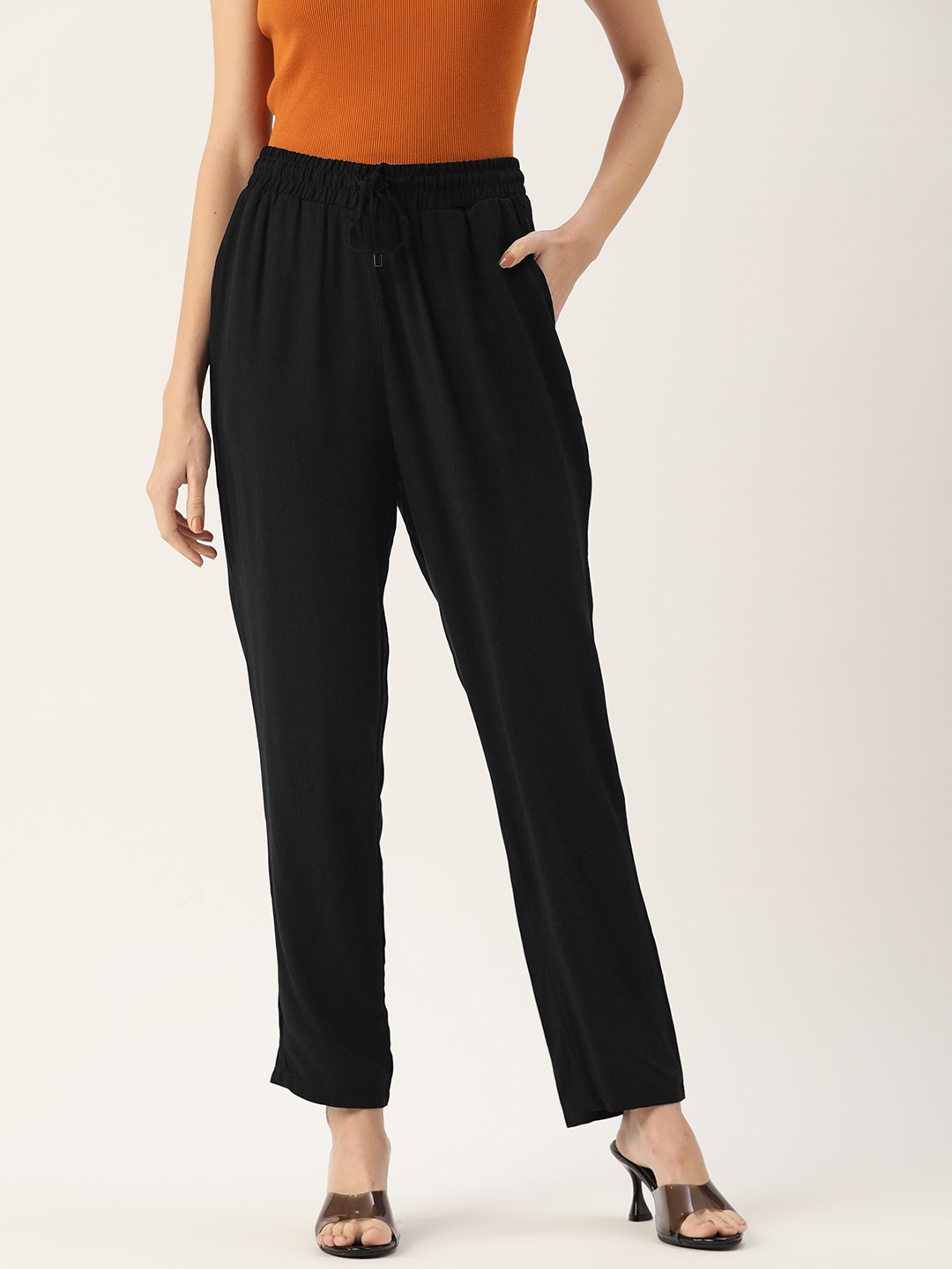 

LC Waikiki Women Black Solid Straight Fit Pleated Trousers