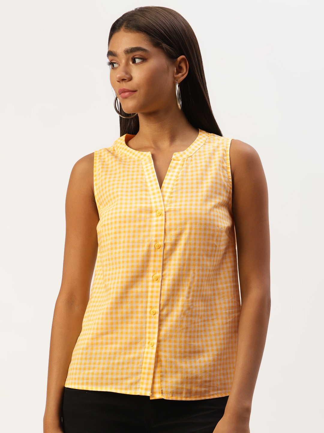 

LC Waikiki Women Yellow & Off White Checked Pure Cotton Shirt Style Top