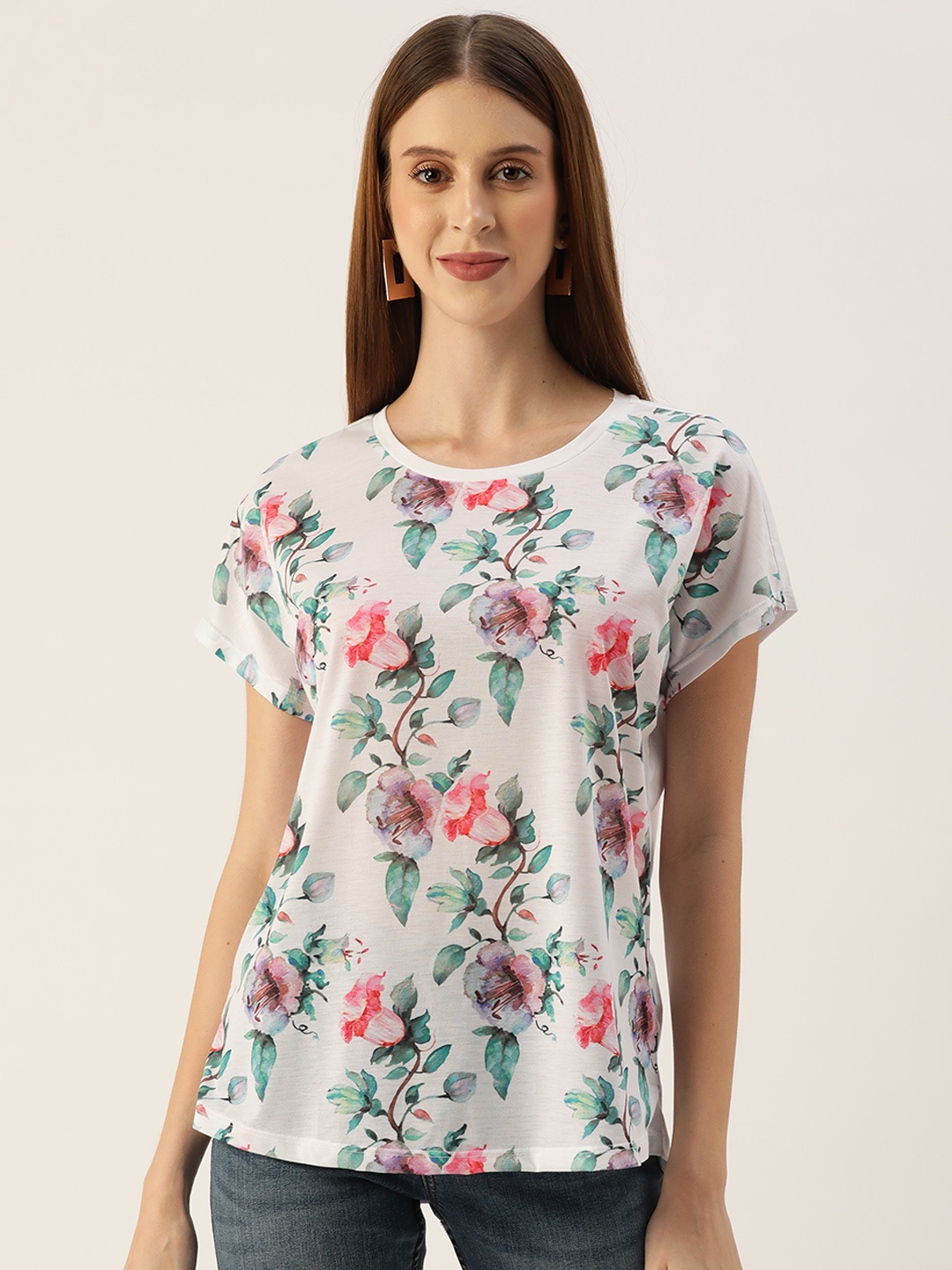 

LC Waikiki Women White & Green Floral Printed Loose T-shirt