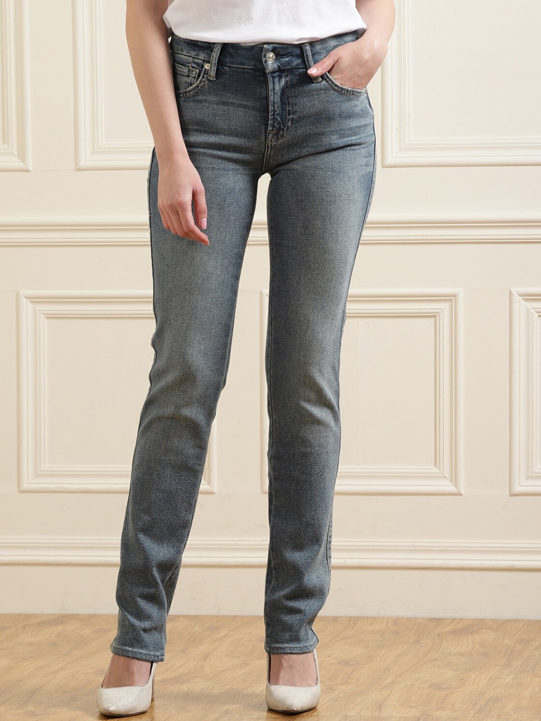 

7 For All Mankind Women Blue Skinny Fit Heavy Fade Jeans