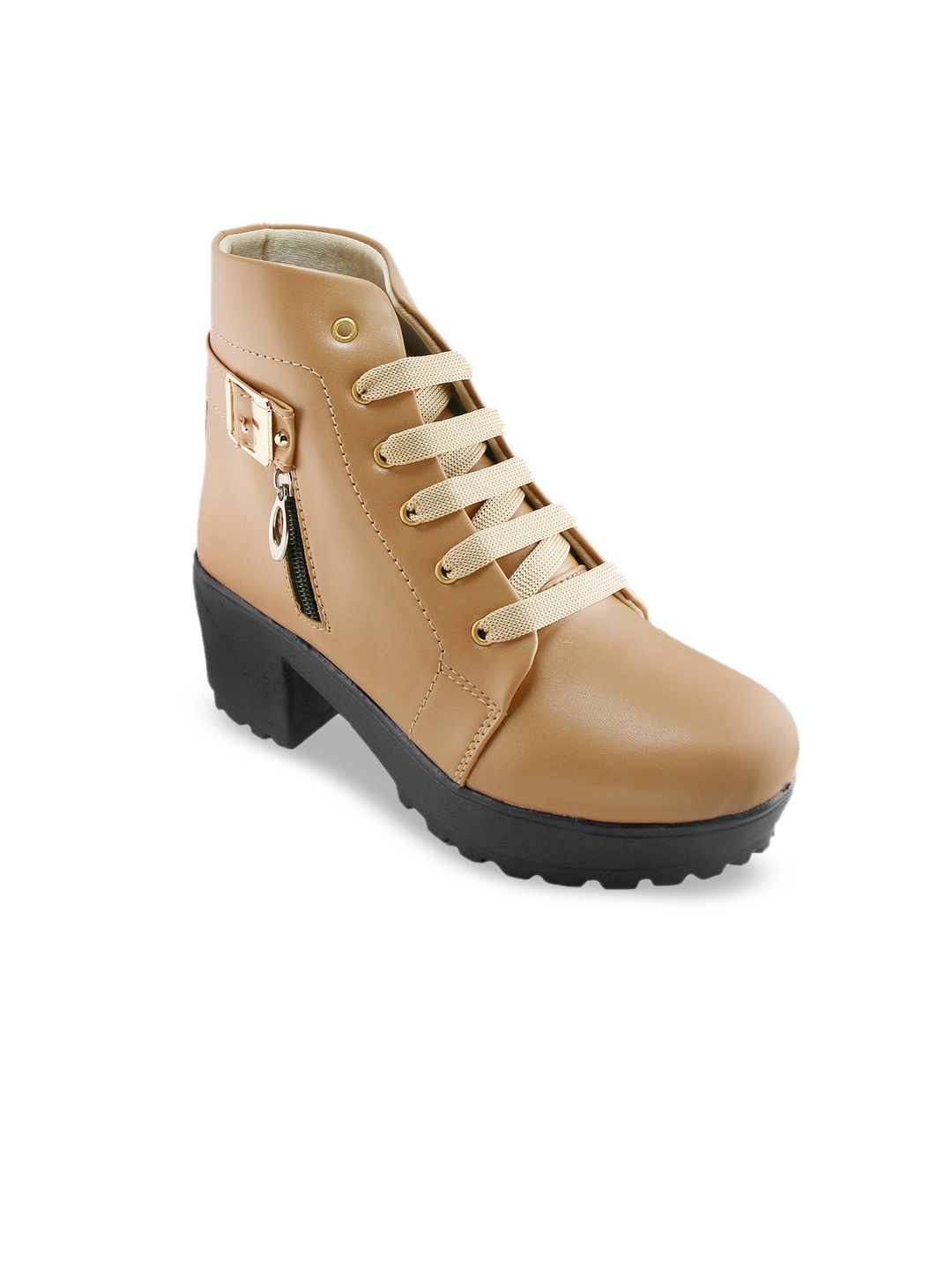

BOOTCO Women Beige & Black Solid Heeled Boots