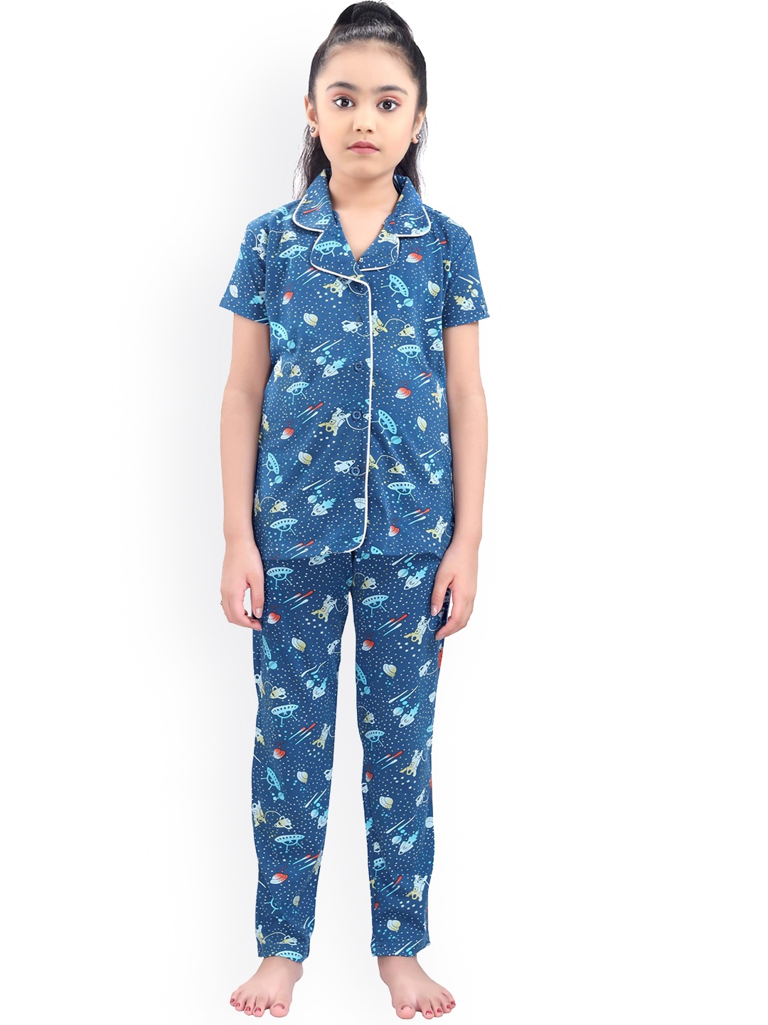 

9shines Label Girls Blue & White Printed Night suit
