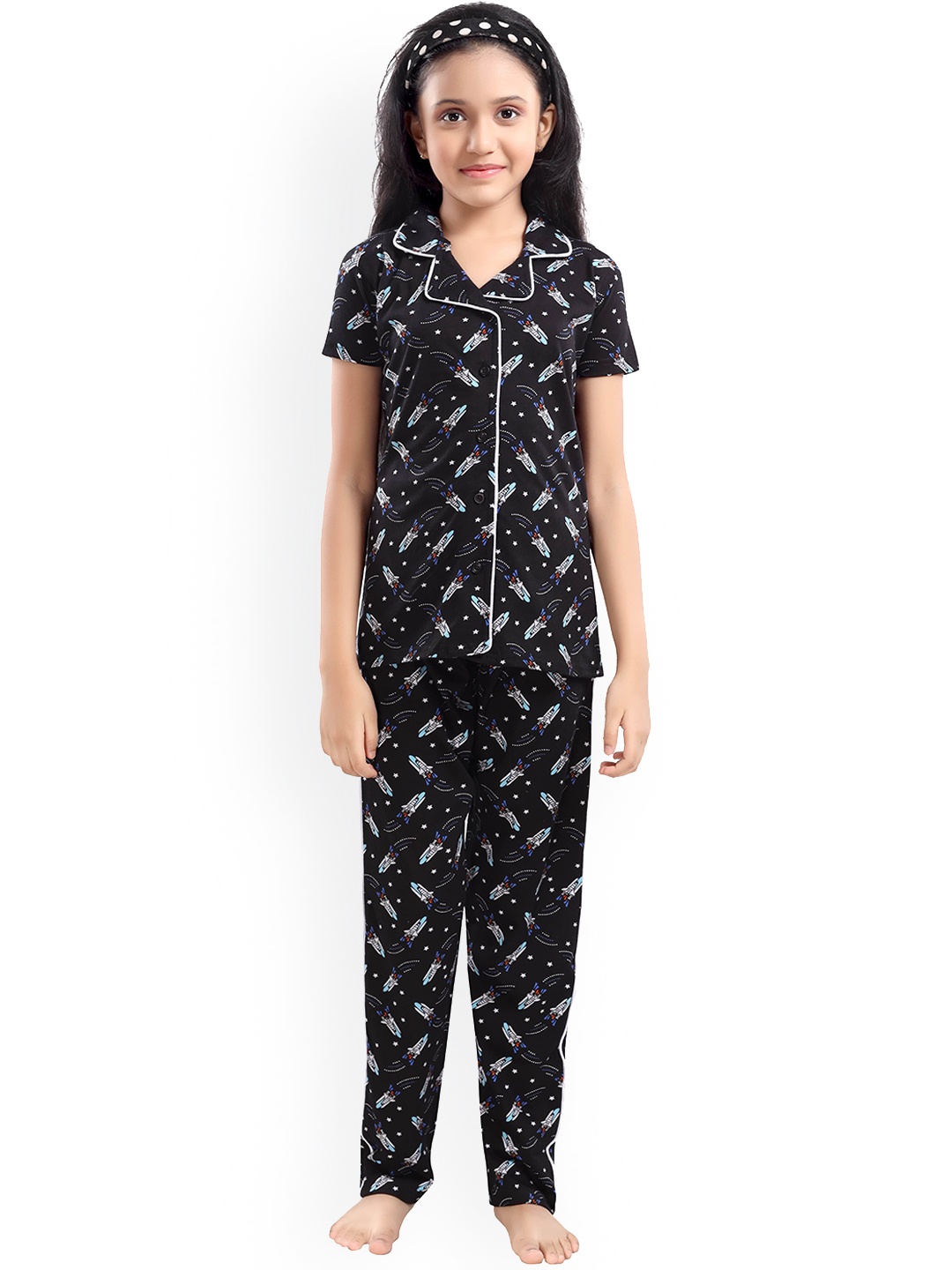 

9shines Label Girls Black & White Printed Night suit