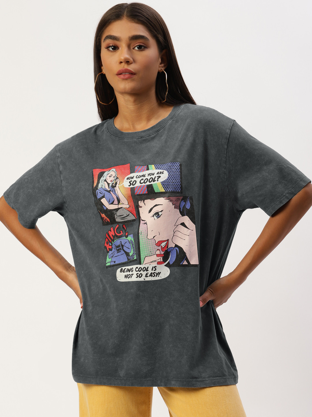 

LC Waikiki Women Charcoal Grey & Blue Printed Drop-Shoulder Sleeves Pure Cotton T-shirt