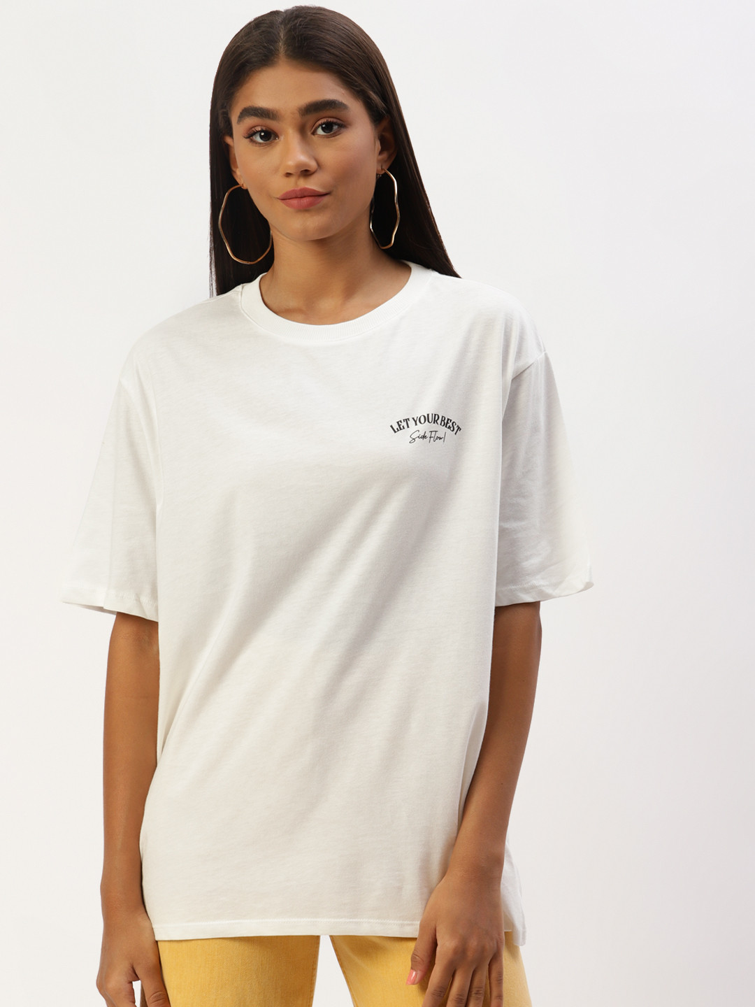

LC Waikiki Women White Solid Drop-Shoulder Sleeves Pure Cotton T-shirt