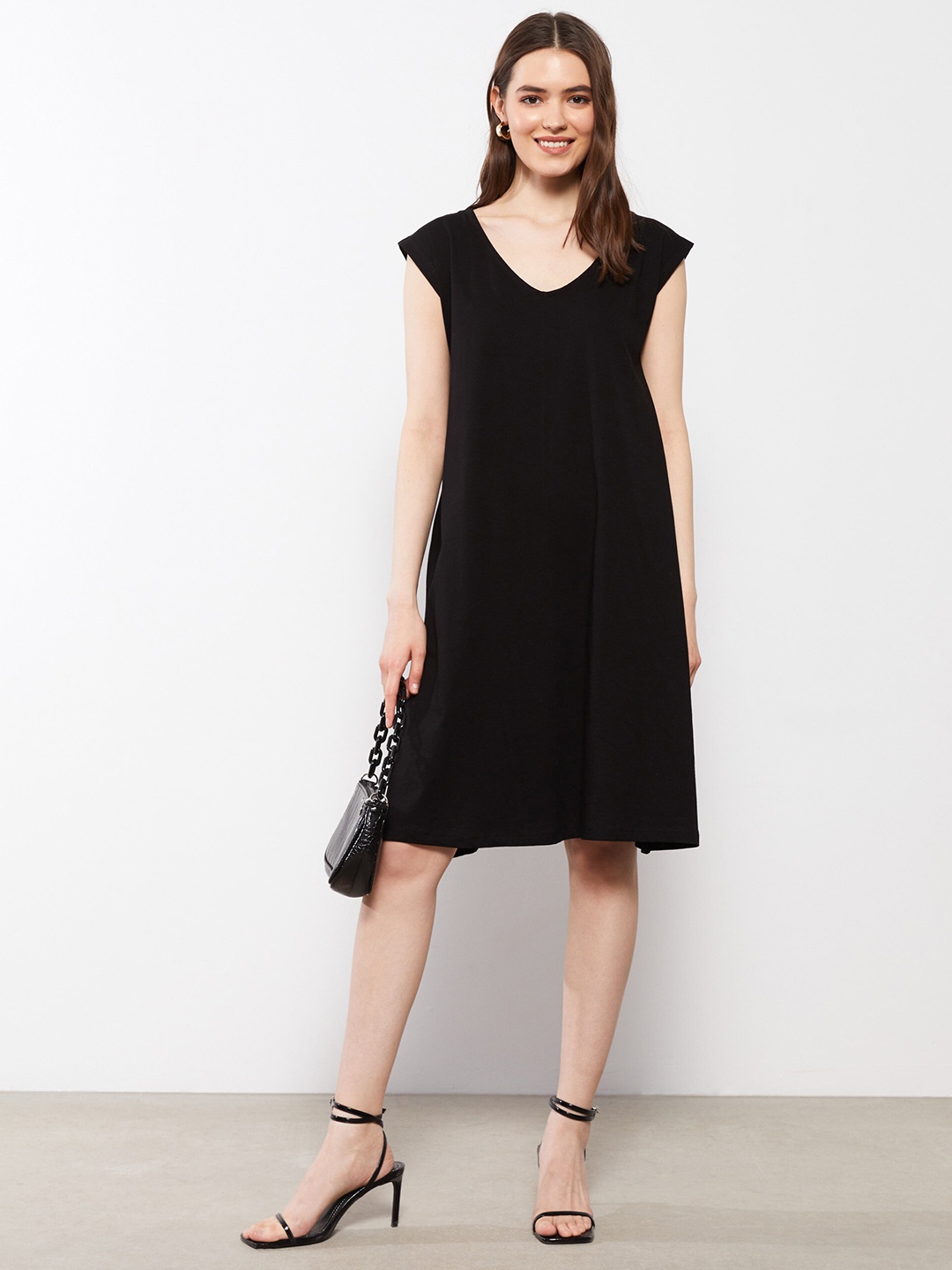 

LC Waikiki Black Solid Pure Cotton A-Line Dress