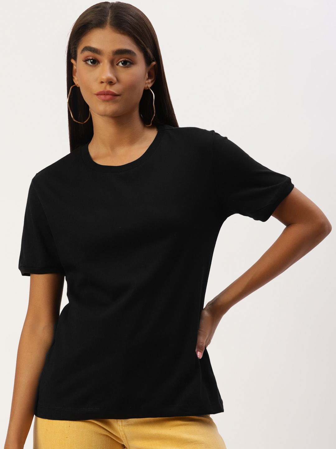 

LC Waikiki Women Black Solid Pure Cotton T-shirt