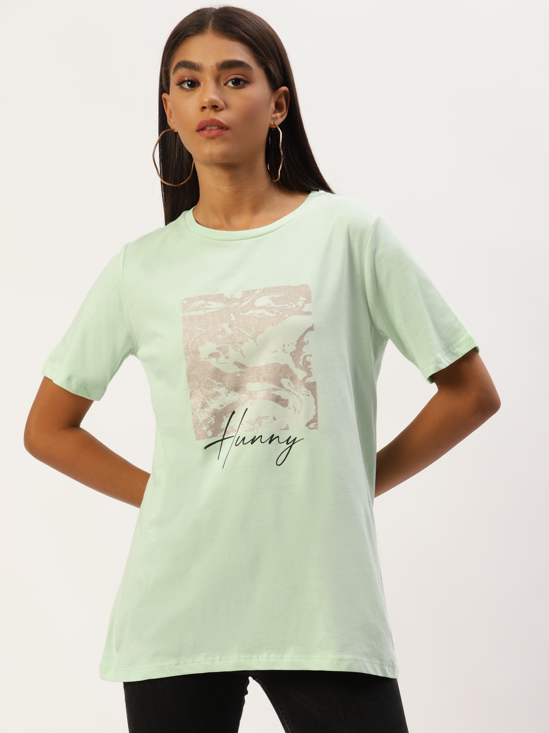 

LC Waikiki Women Green & Golden Printed Pure Cotton T-shirt