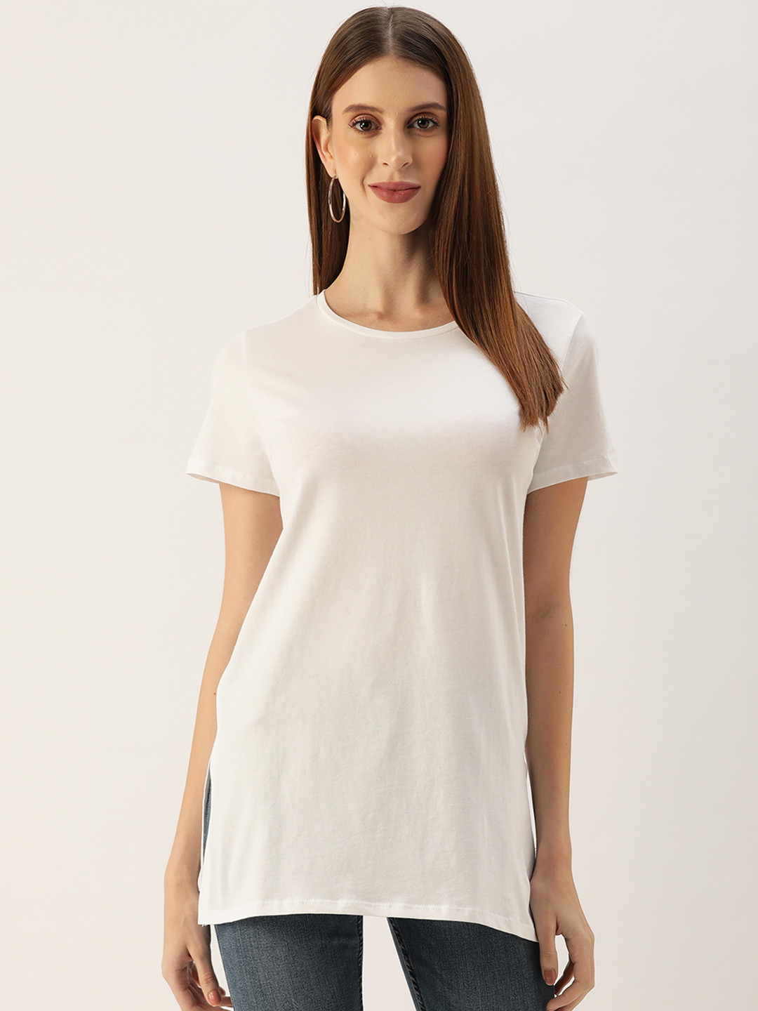 

LC Waikiki Women White Pure Cotton T-shirt with Side Slit