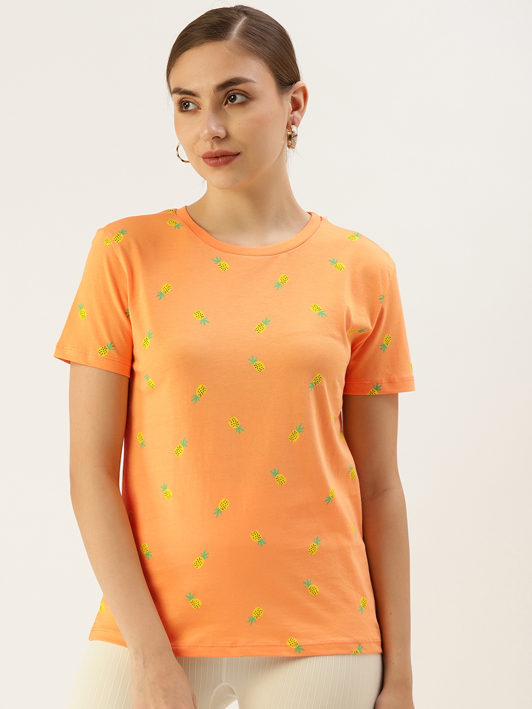 

LC Waikiki Women Orange Printed Pure Cotton T-shirt