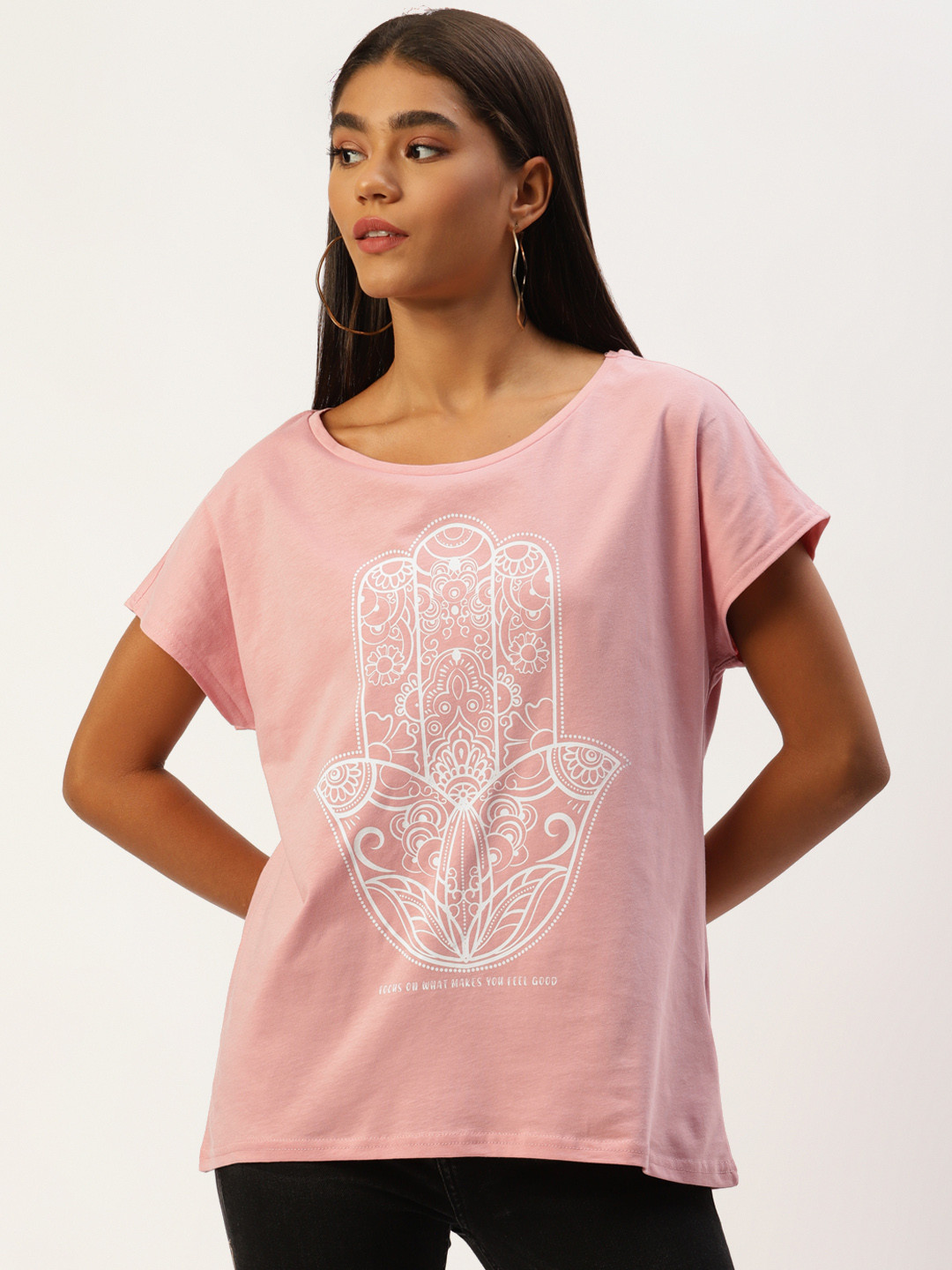 

LC Waikiki Women Pink & White Printed Extended Sleeves Pure Cotton T-shirt