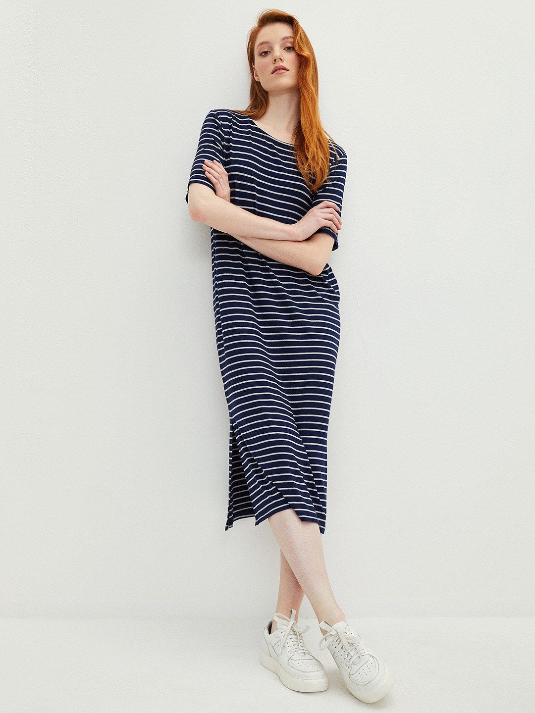 

LC Waikiki Navy Blue & Grey Melange Striped T-shirt Midi Dress