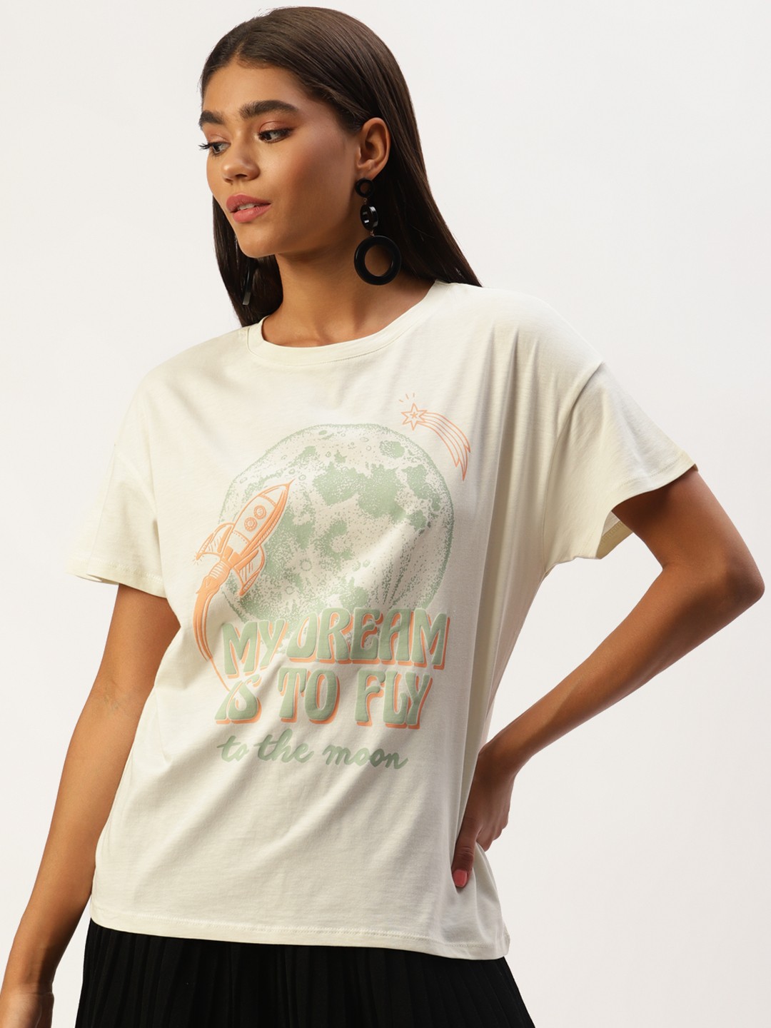 

LC Waikiki Women Off White & Green Printed Drop-Shoulder Sleeves Pure Cotton T-shirt