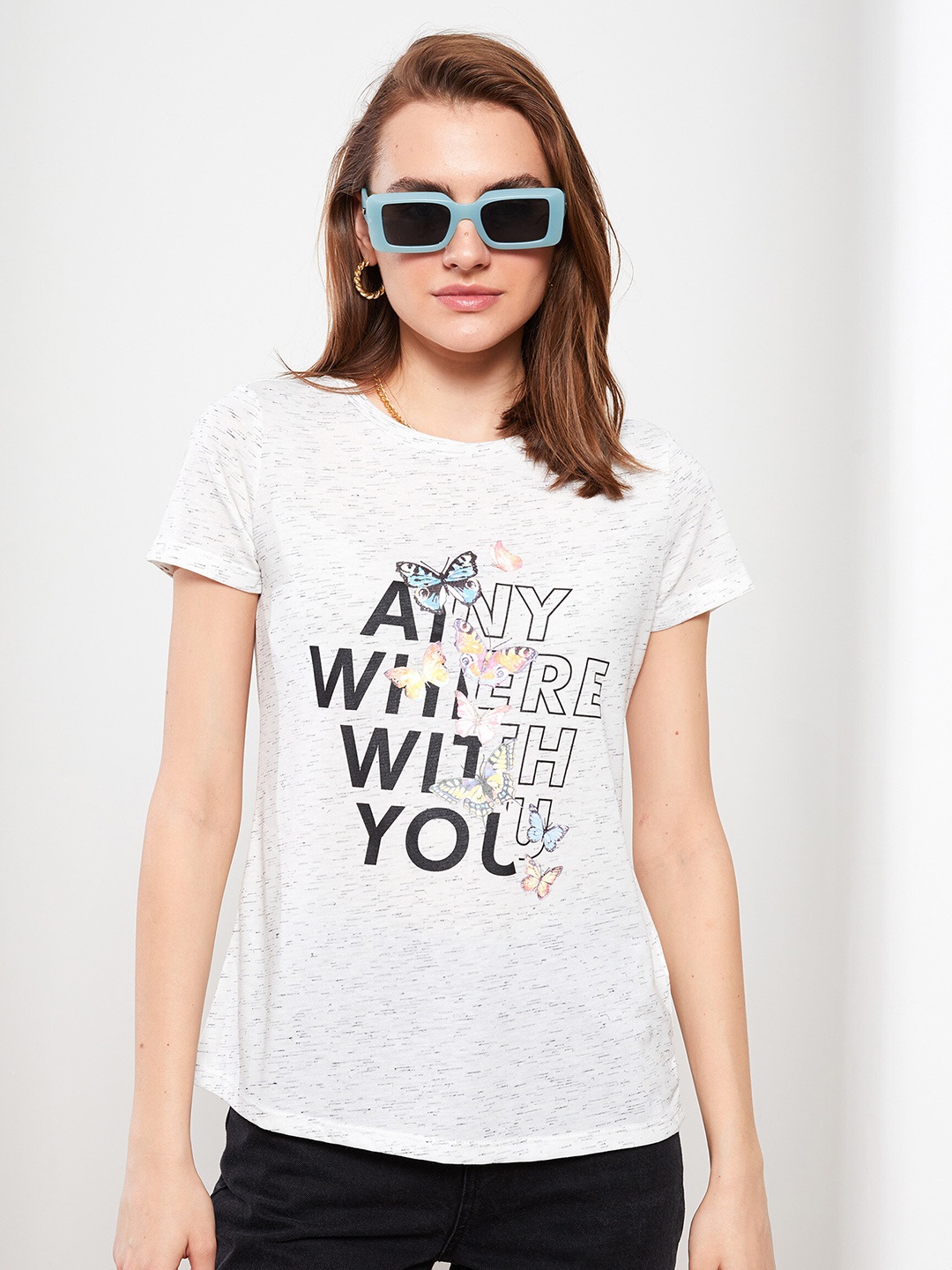 

LC Waikiki Women White & Black Printed T-shirt