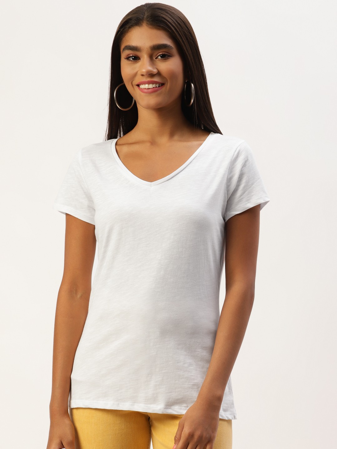 

LC Waikiki Women White Solid V-Neck Pure Cotton T-shirt