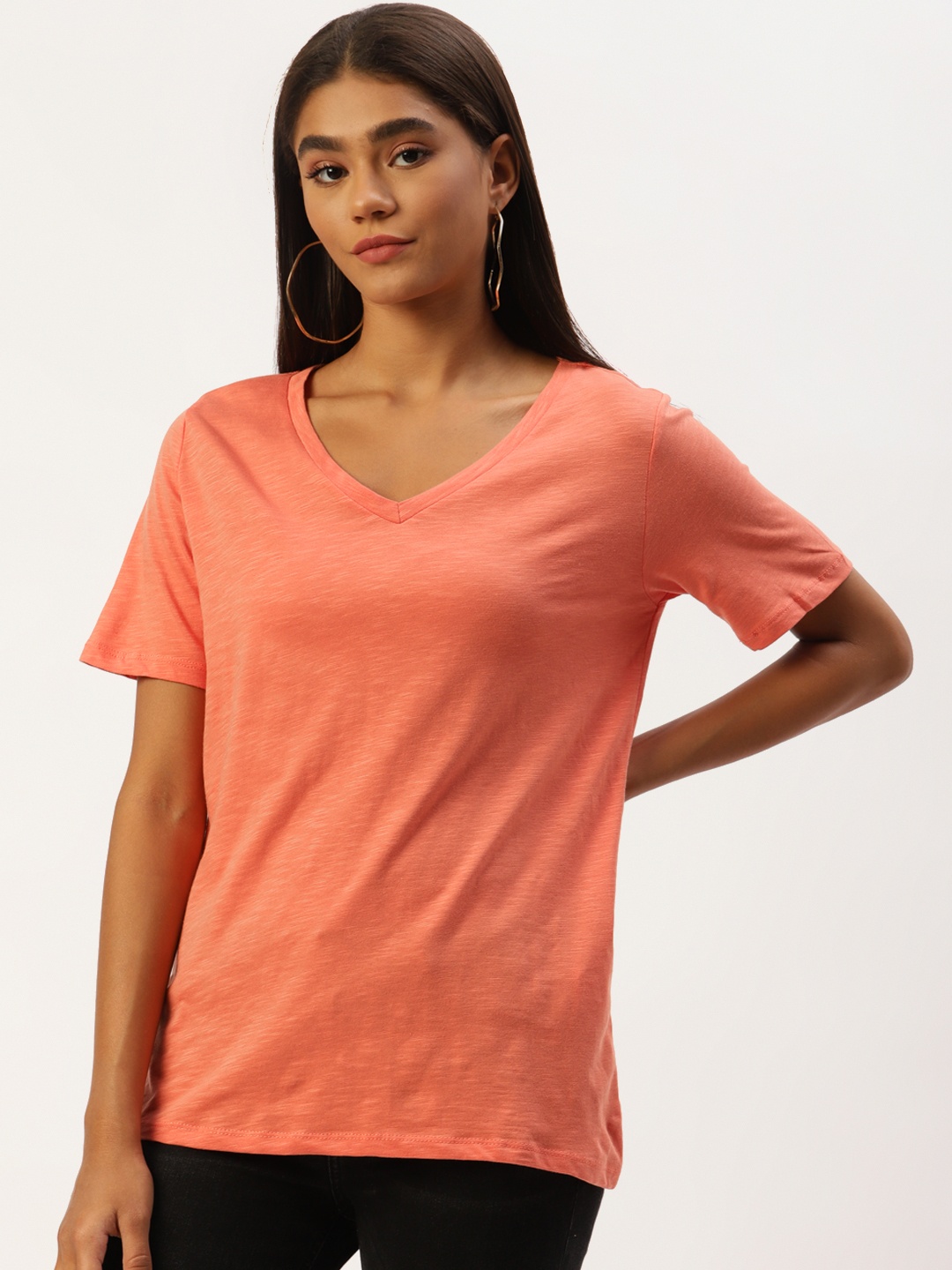 

LC Waikiki Women Rust Orange Solid V-Neck Pure Cotton T-shirt