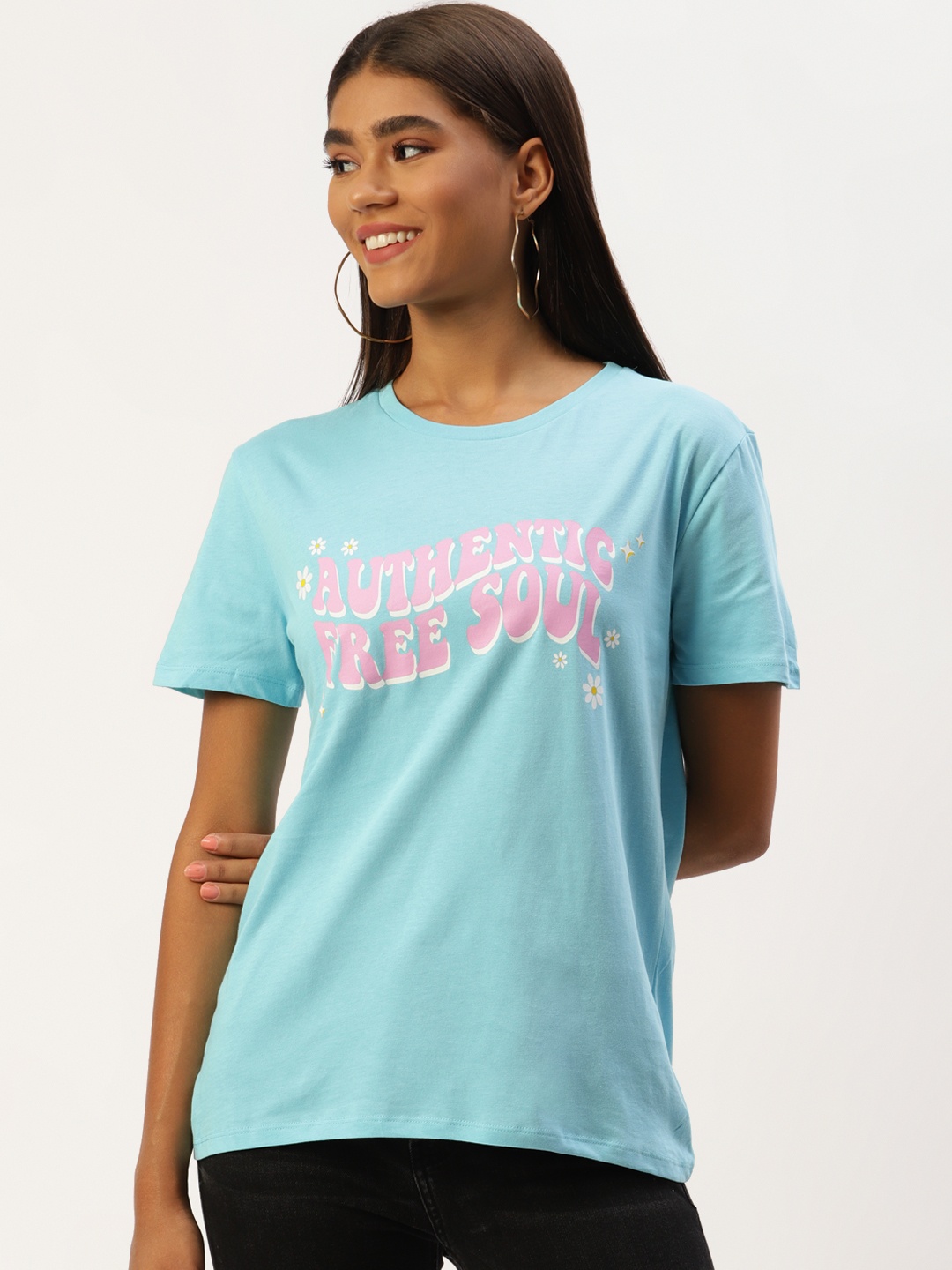 

LC Waikiki Women Turquoise Blue & Pink Pure Cotton Graphic Printed T-shirt