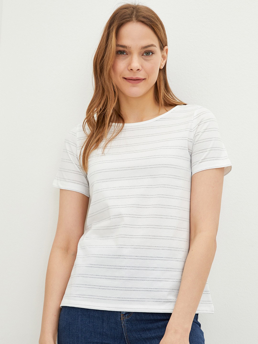 

LC Waikiki Women Silver-Toned Striped T-shirt
