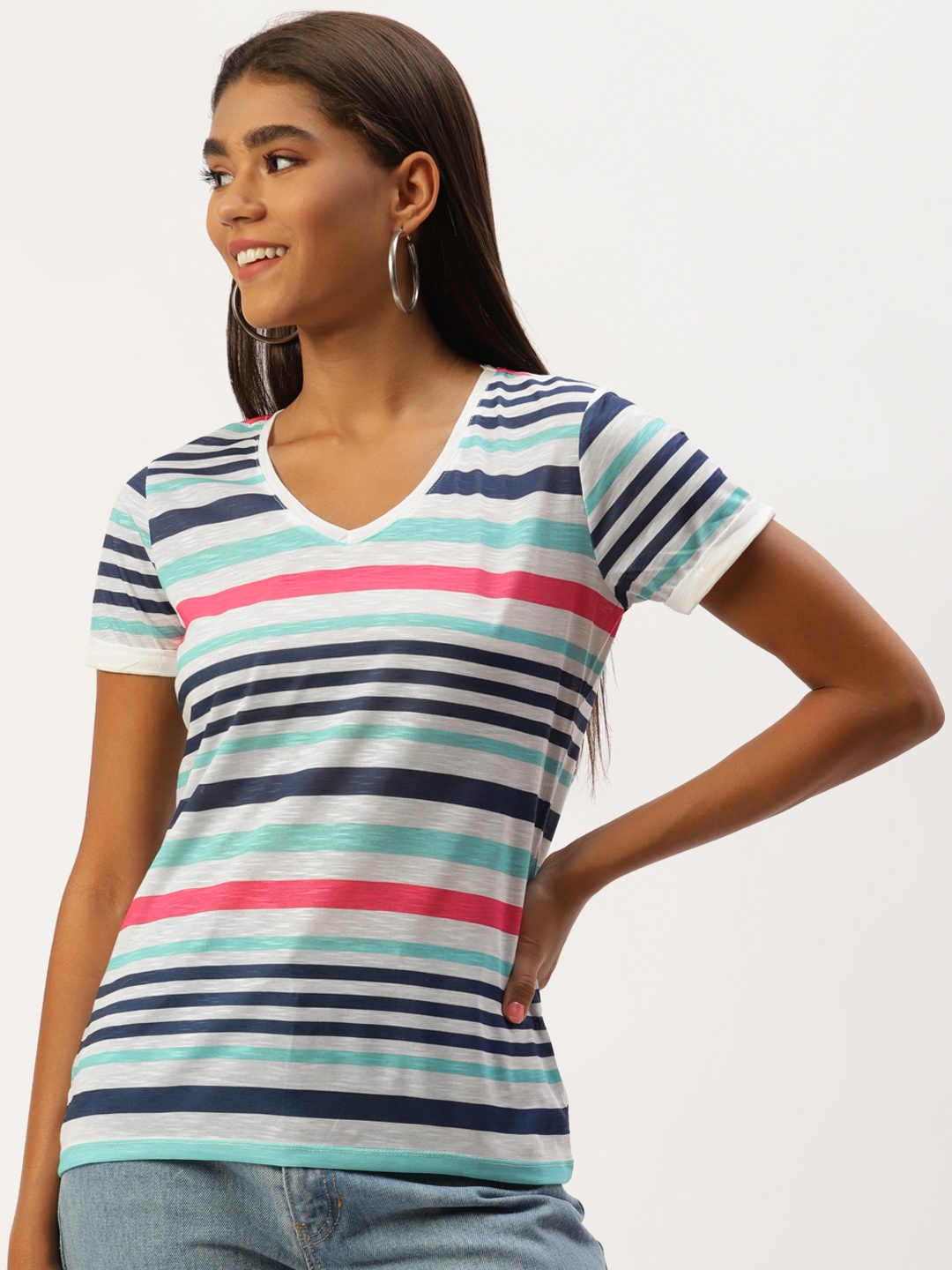 

LC Waikiki Women White & Navy Blue Striped V-Neck T-shirt