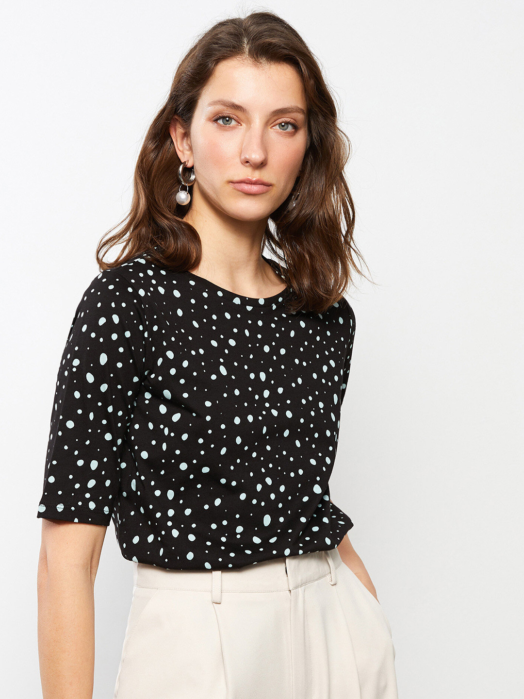 

LC Waikiki Women Black & Green Printed Pure Cotton T-shirt