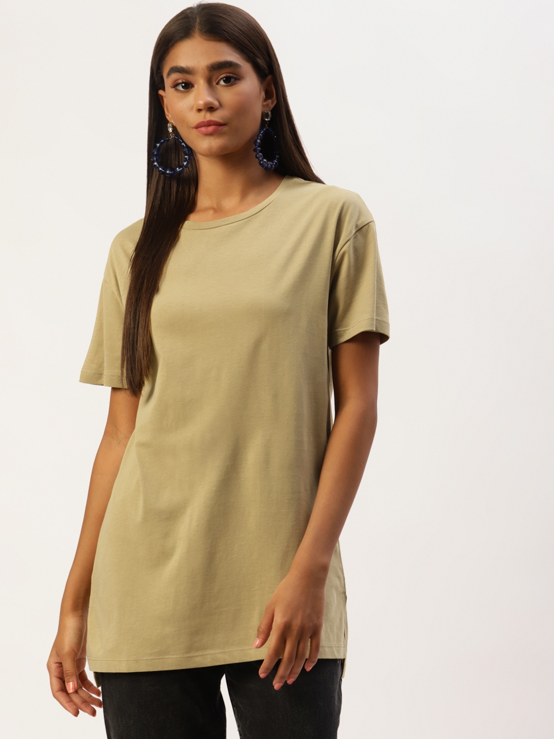 

LC Waikiki Women Khaki Pure Cotton Solid T-shirt