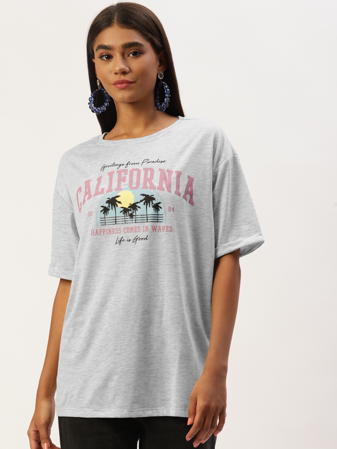 

LC Waikiki Women Grey Melange & Pink Graphic Printed T-shirt