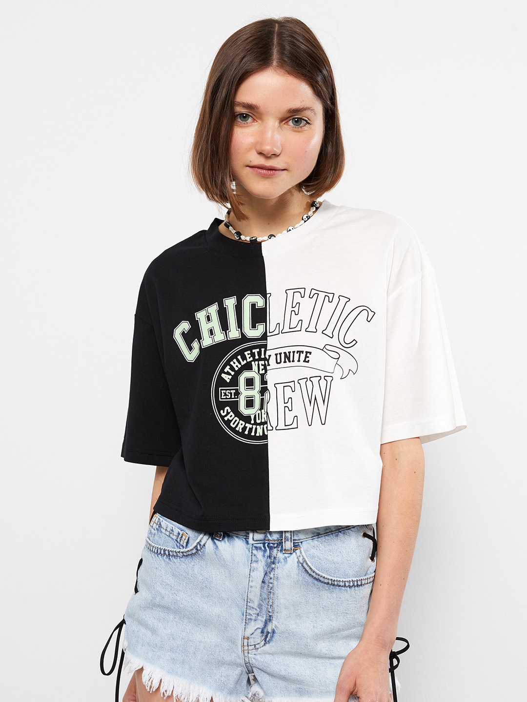 

LC Waikiki Women Black & White Colourblocked Pure Cotton T-shirt