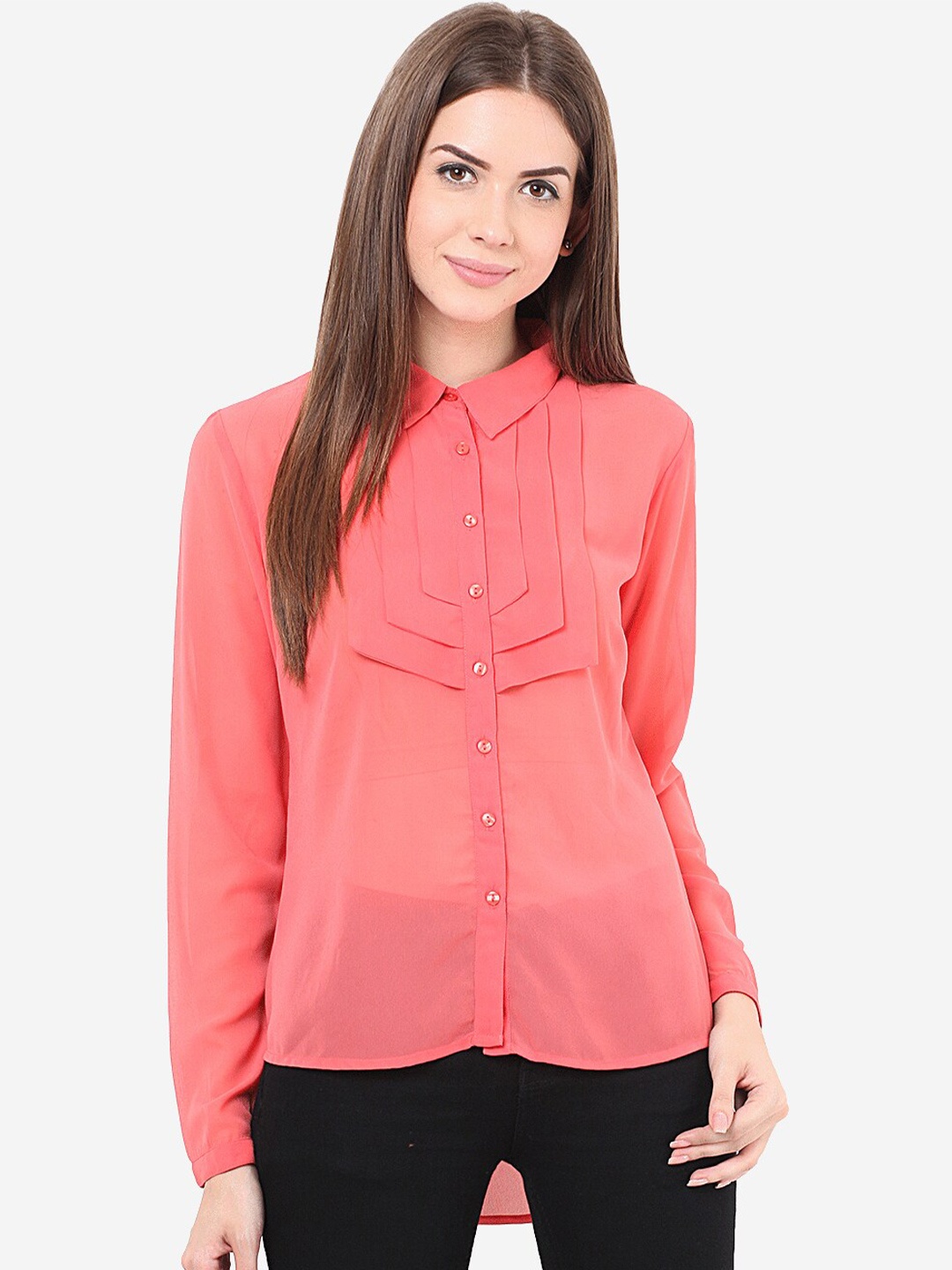 

Porsorte Women Coral Smart Semi Sheer Formal Shirt