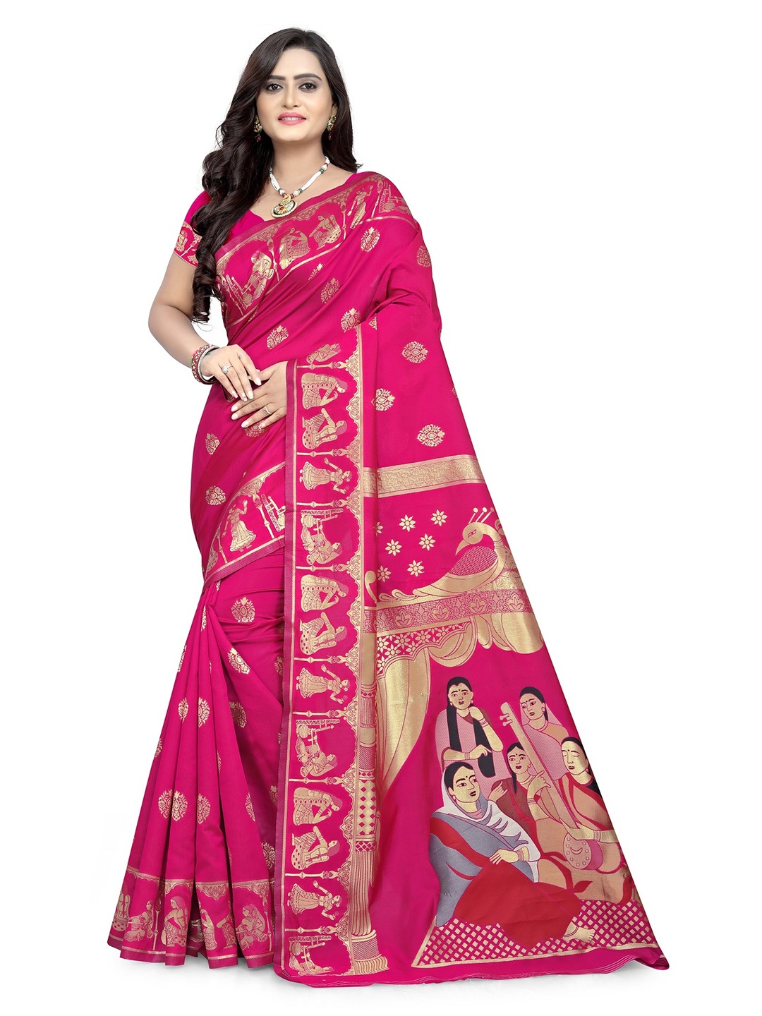 

KALINI Pink & Gold-Toned Batik Silk Blend Kota Saree