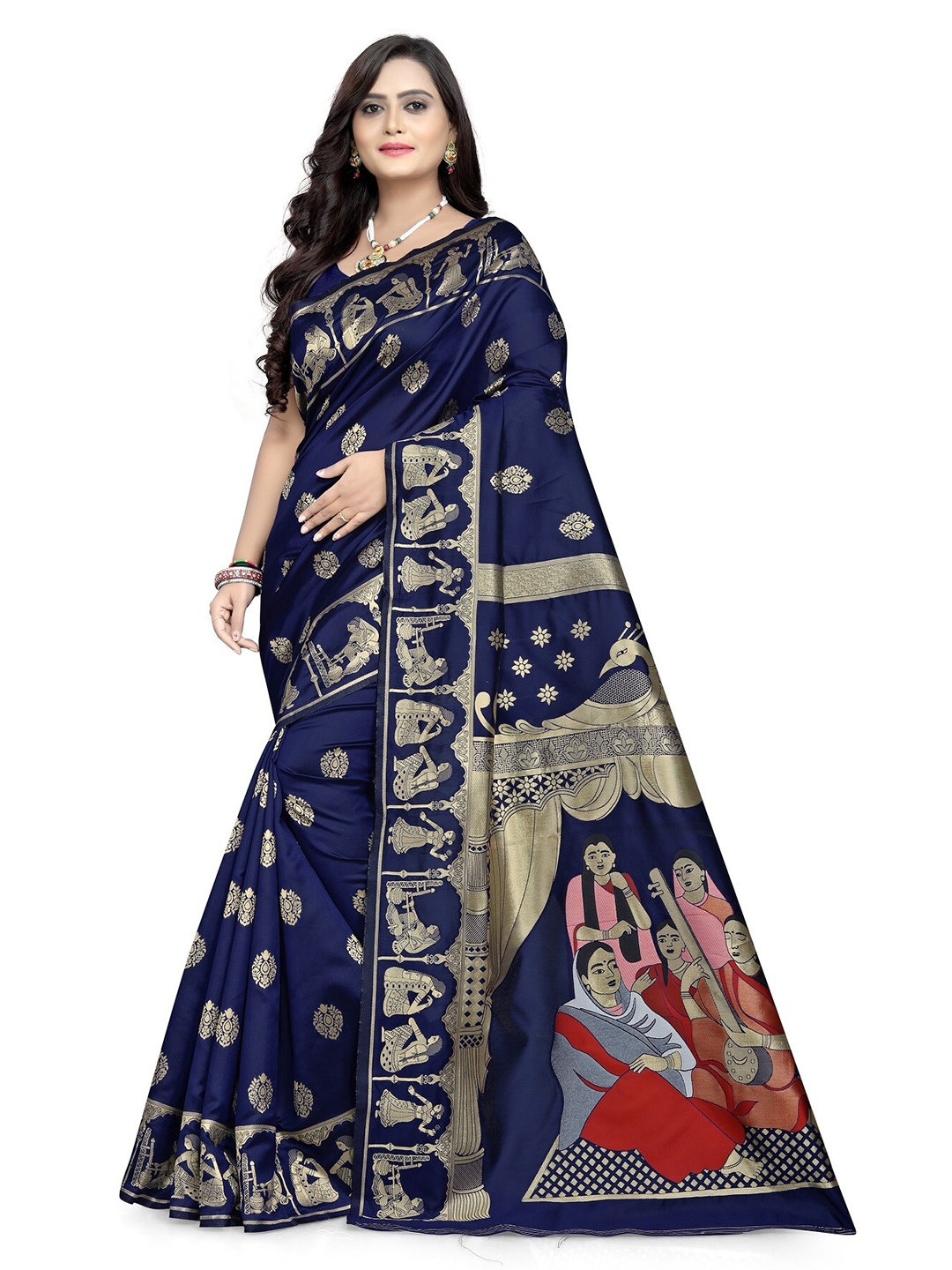 

KALINI Navy Blue & Gold Printed Silk Blend Kota Saree