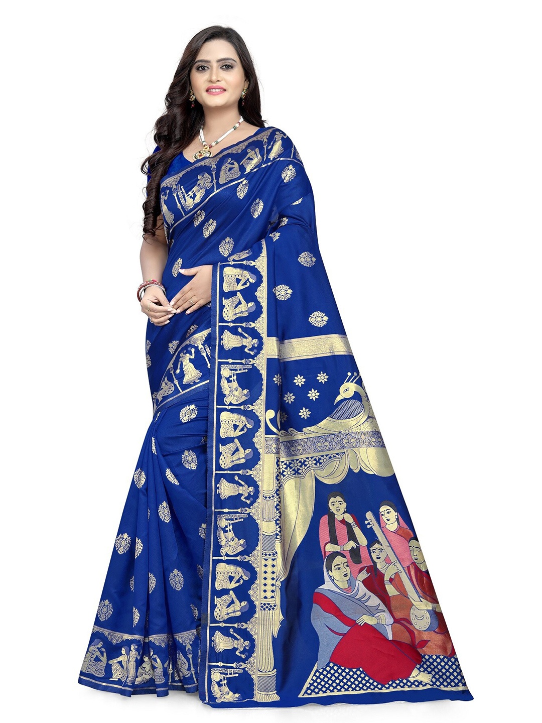 

KALINI Blue & Gold-Toned Ethnic Motifs Silk Blend Kota Saree