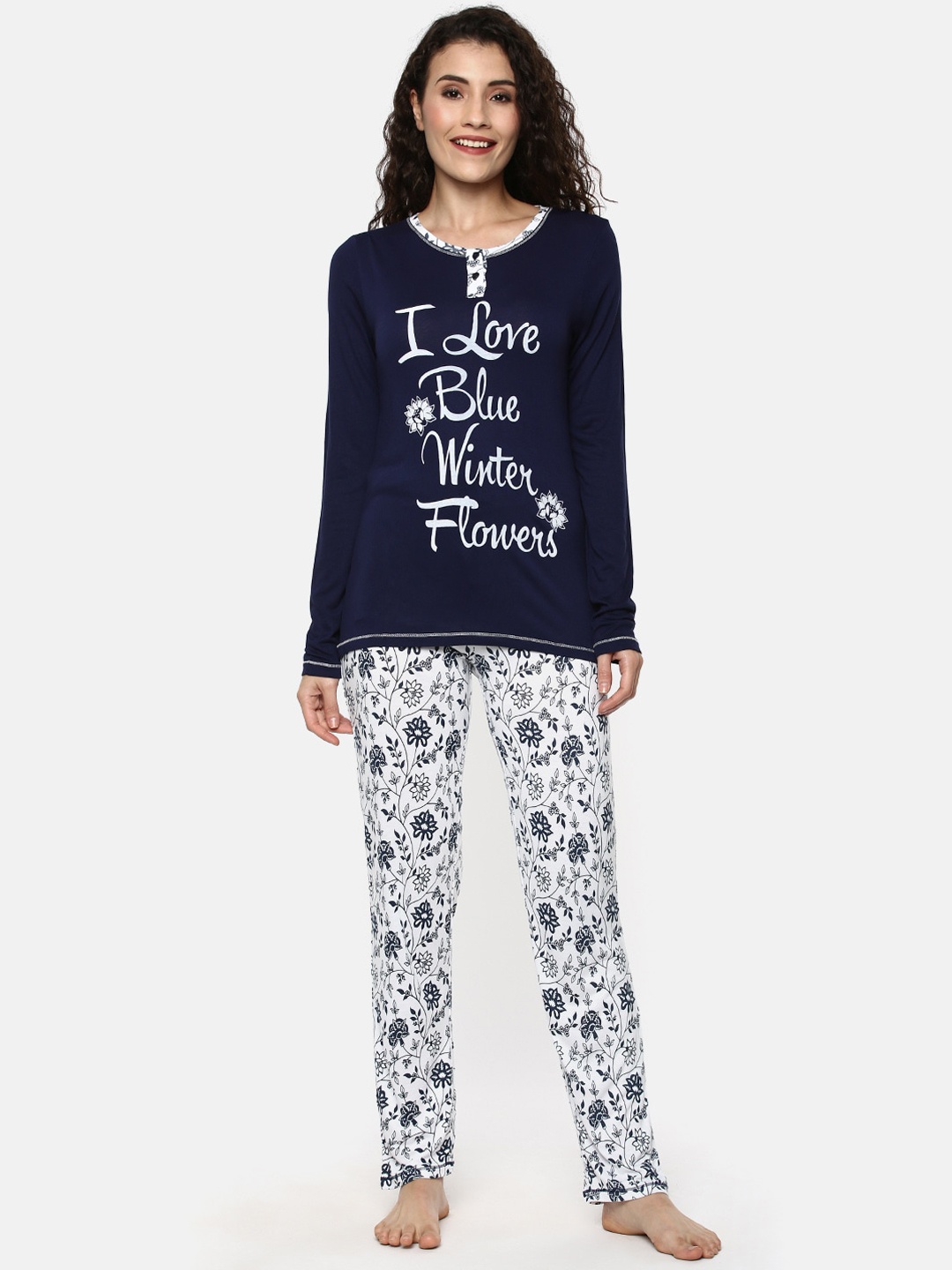 

YCANF Women Navy Blue & White Printed Night suit
