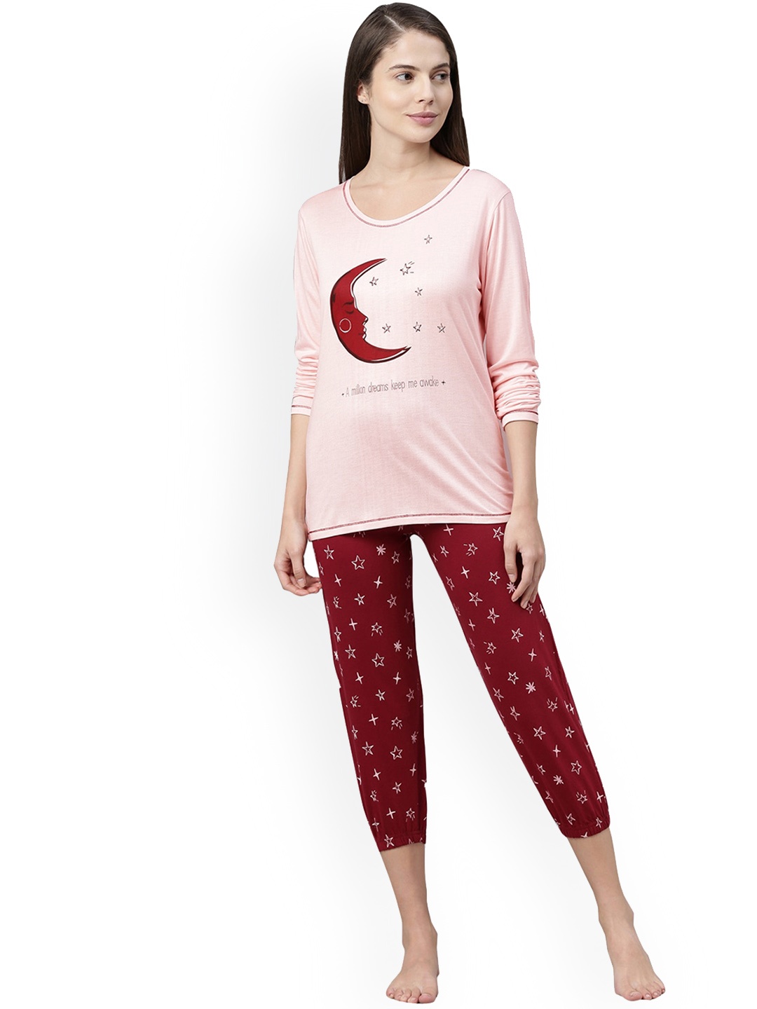

YCANF Women Peach-Coloured & Maroon Printed Night suit
