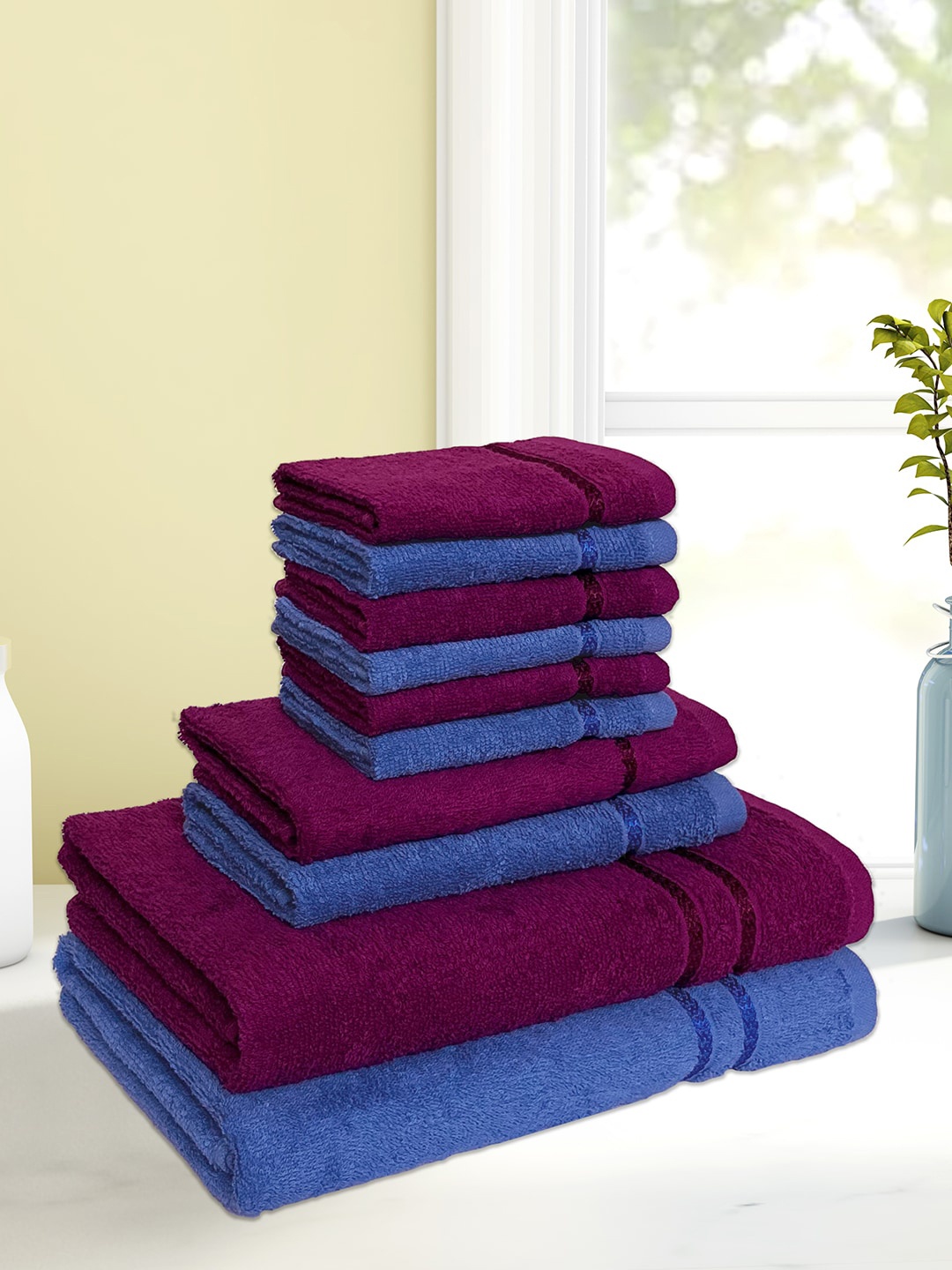

SPACES Pack Of 10 Solid 380 GSM Pure Cotton Bath, Hand & Face Towel Set, Magenta