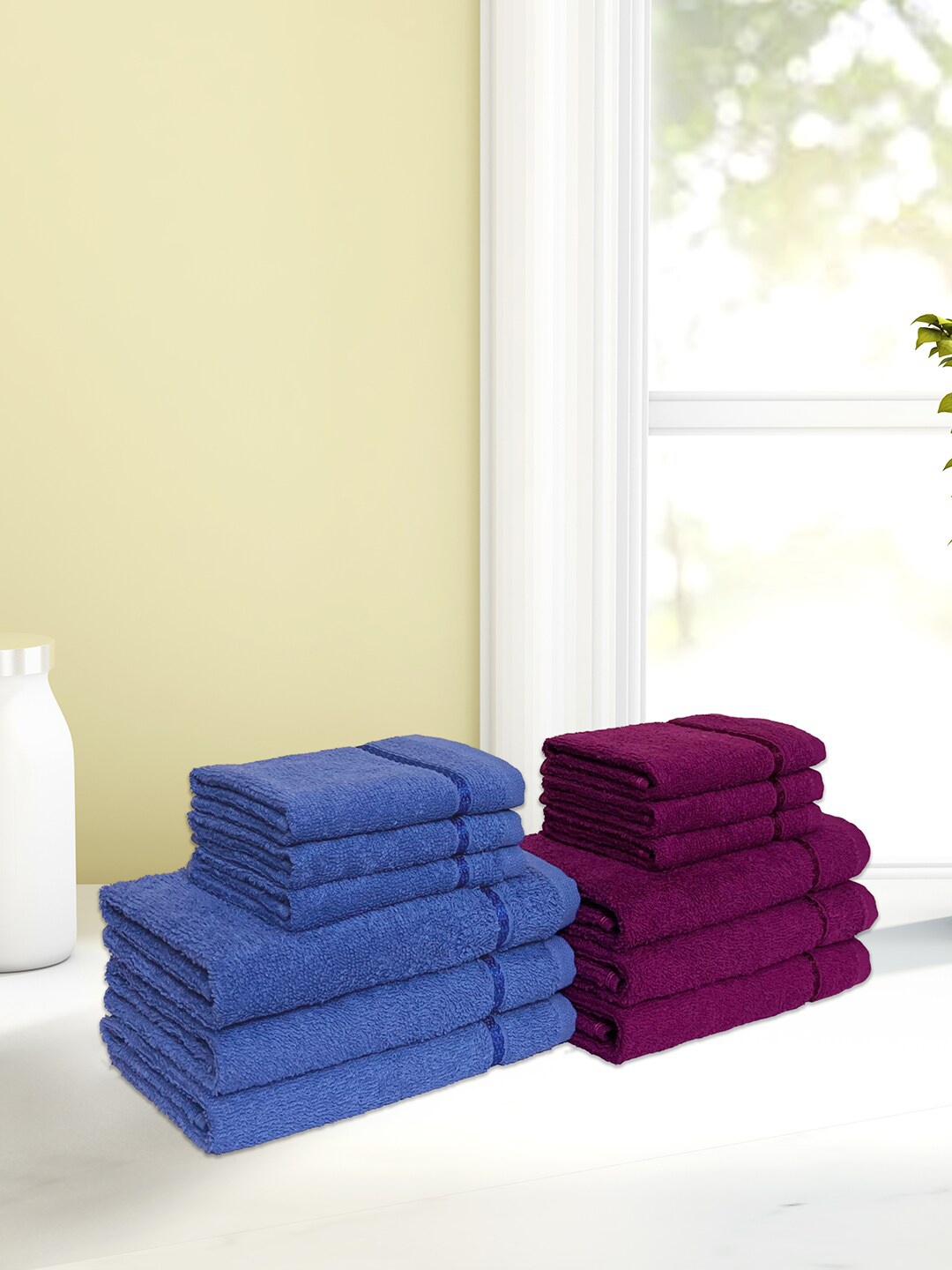 

SPACES Set Of 12 Solid 380 GSM Pure Cotton Towel Set, Magenta