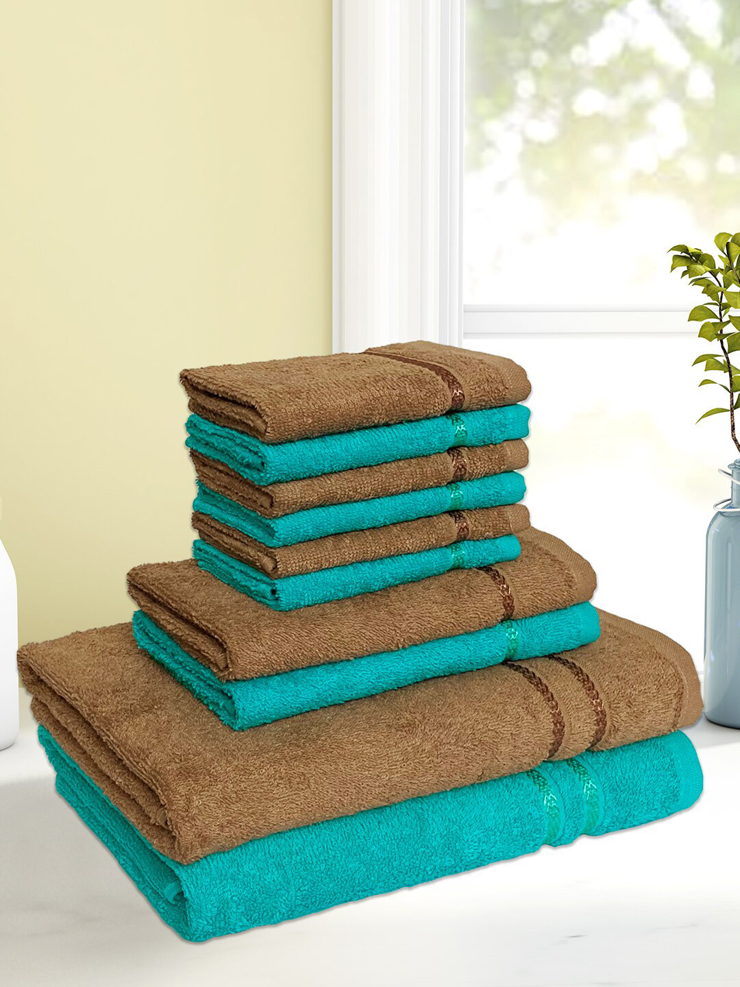 

SPACES Pack Of 10 Solid 380 GSM Pure Cotton Towel Set, Sea green