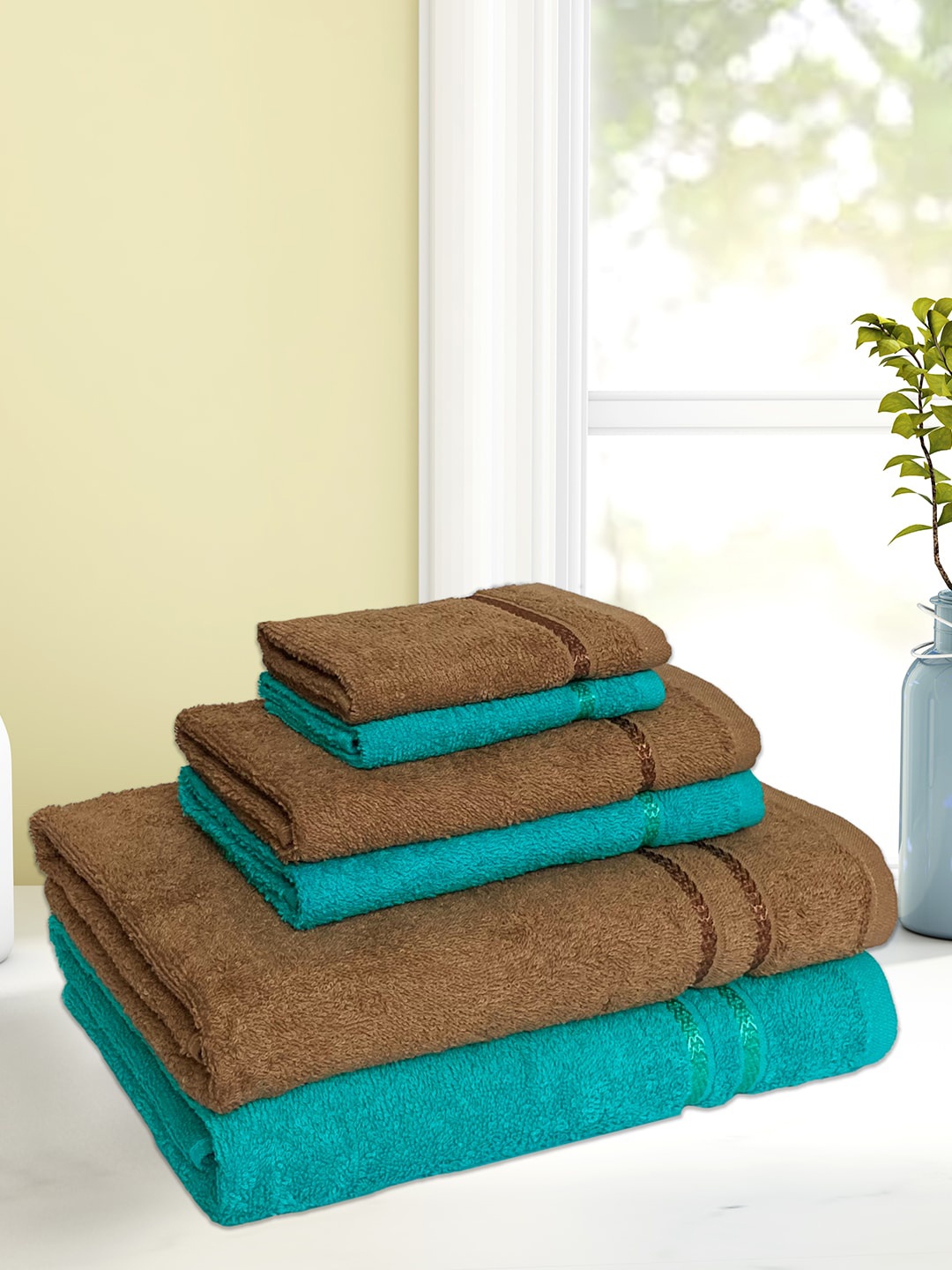 

SPACES Set of 6 Sea Green & Tan Brown Solid Pure Cotton 380 GSM Towel Set