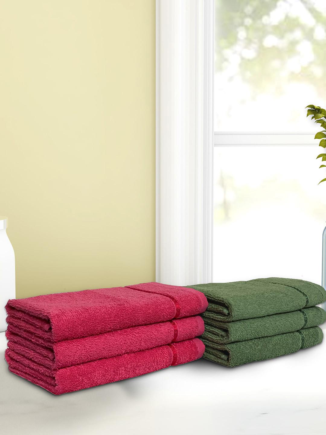 

SPACES Set Of 6 Solid 380 GSM Pure Cotton Hand Towel Set, Green